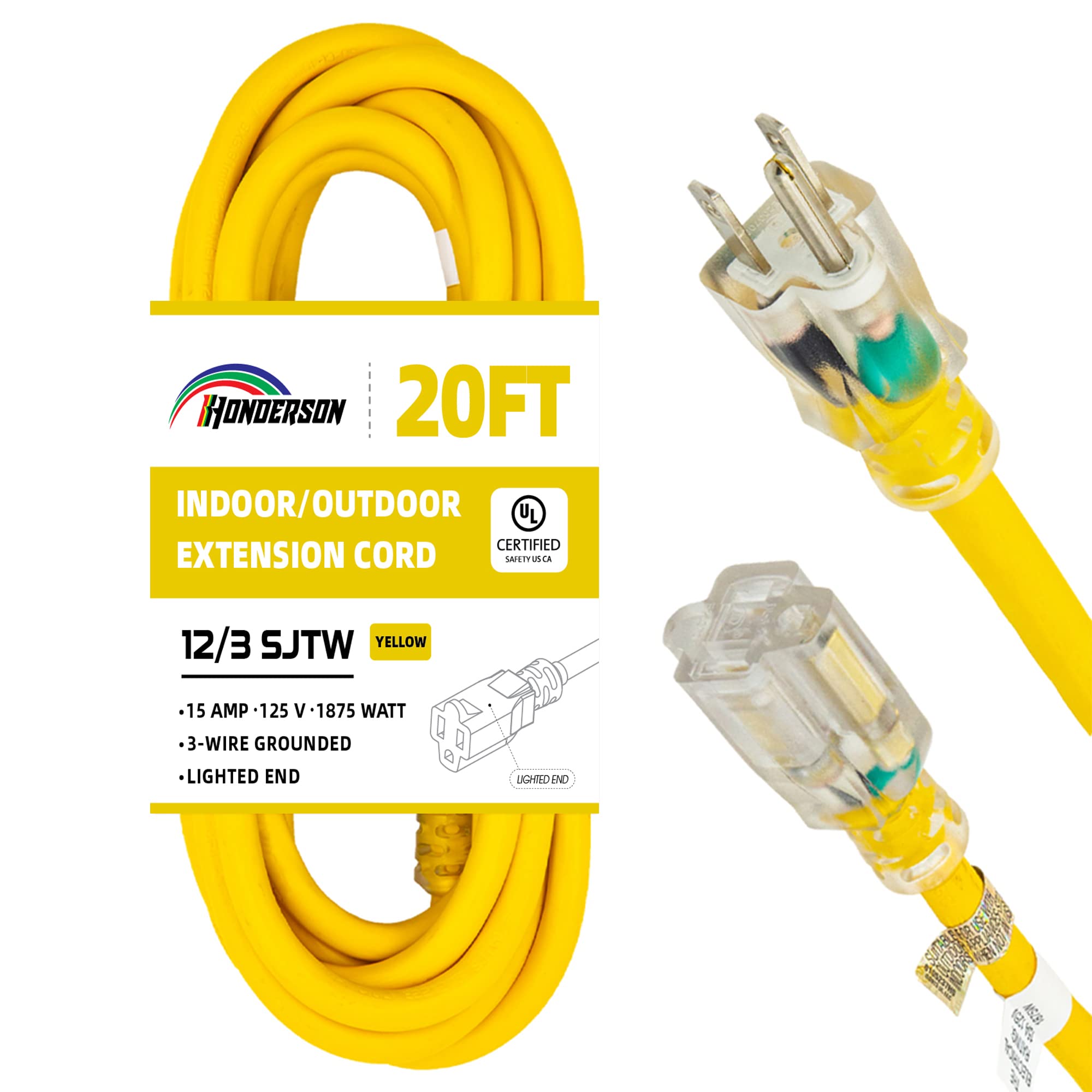 Honderson Indoor Outdoor Extension Cord Weatherproof With Lighted End, Ul Listed, 12 Gauge 20Ft Yellow 3 Prong Heavy Duty Extens