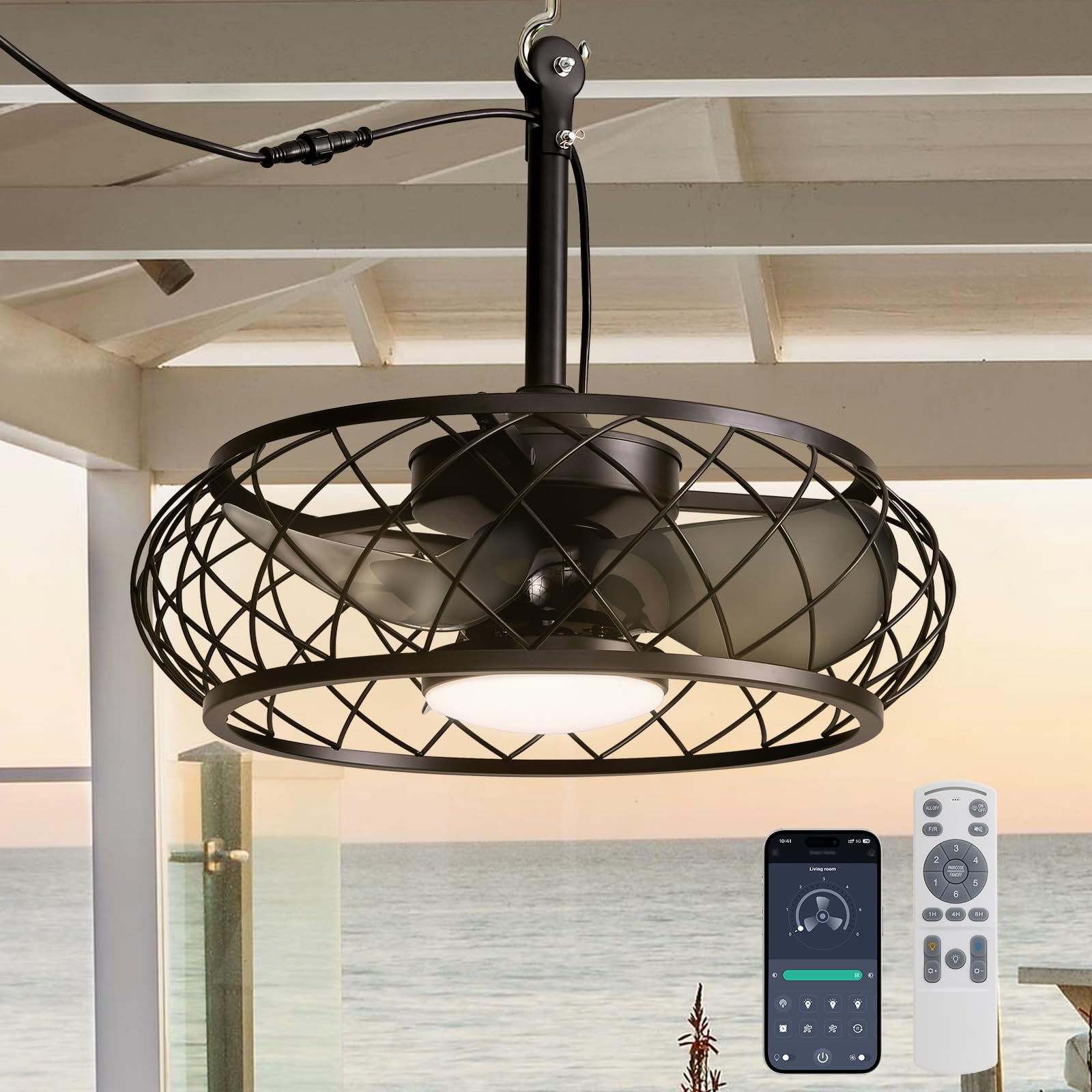 CROSSIO 20 Outdoor Ceiling Fan with Lights Remote Control, Outdoor Ceiling Fans with Hanging Hook, Dimmable Caged Industrial C