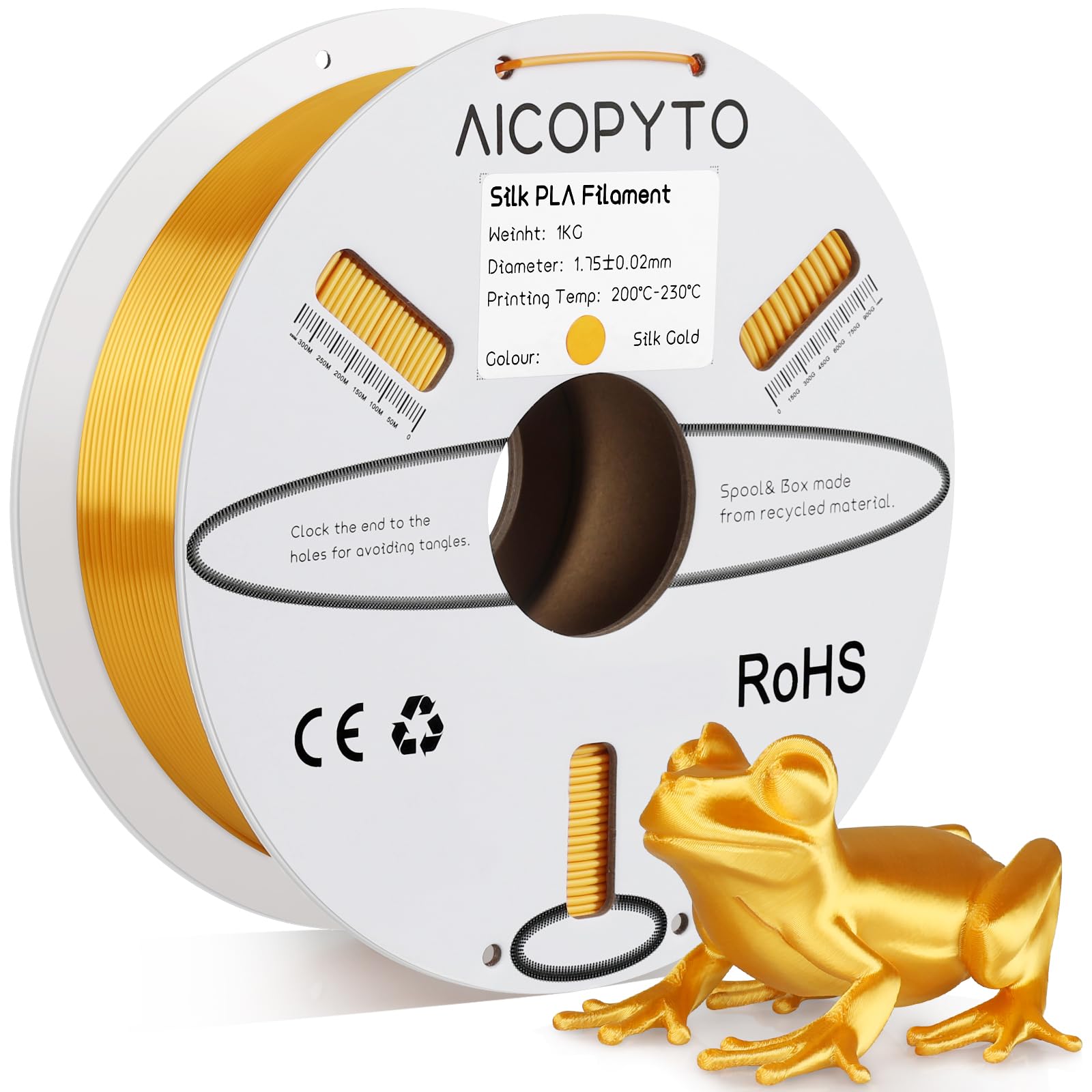 AICOPYTO Silk Gold PLA Filament 1.75mm, Clog-Free Shiny 3D Printer Gold Filament 1KG Spool (2.2lbs) Dimensional Accuracy Probabi