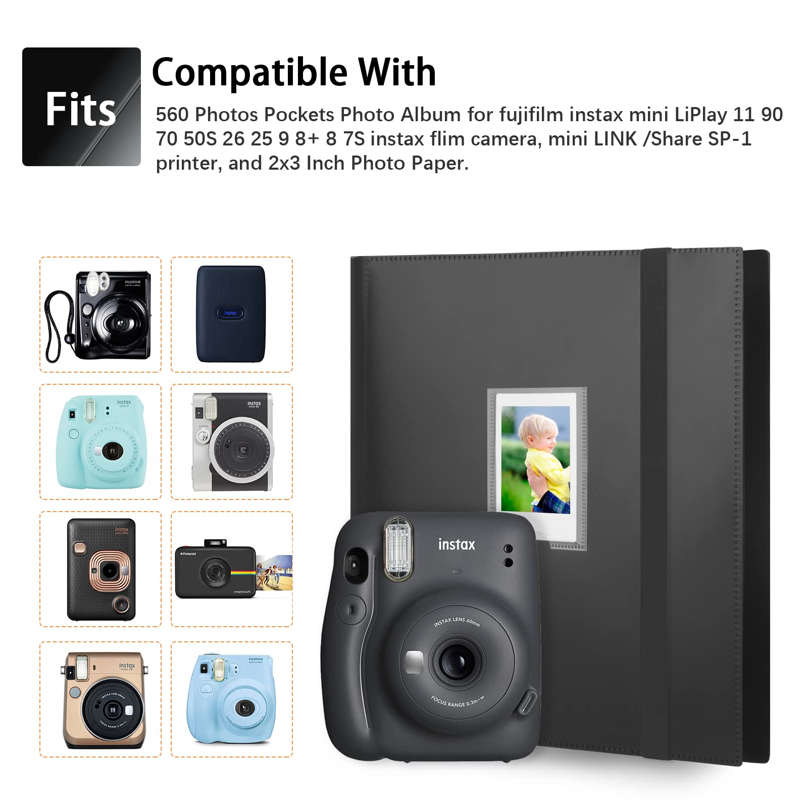 560 Pockets Photo Album For Fujifilm Instax Mini Camera,For Polaroid Mini Instant Camera Film, 2X3 Photo Album Book For Fujifilm Instax Mini 11 12 9 Evo 90 70 40 8 7 Liplay Instant Camera