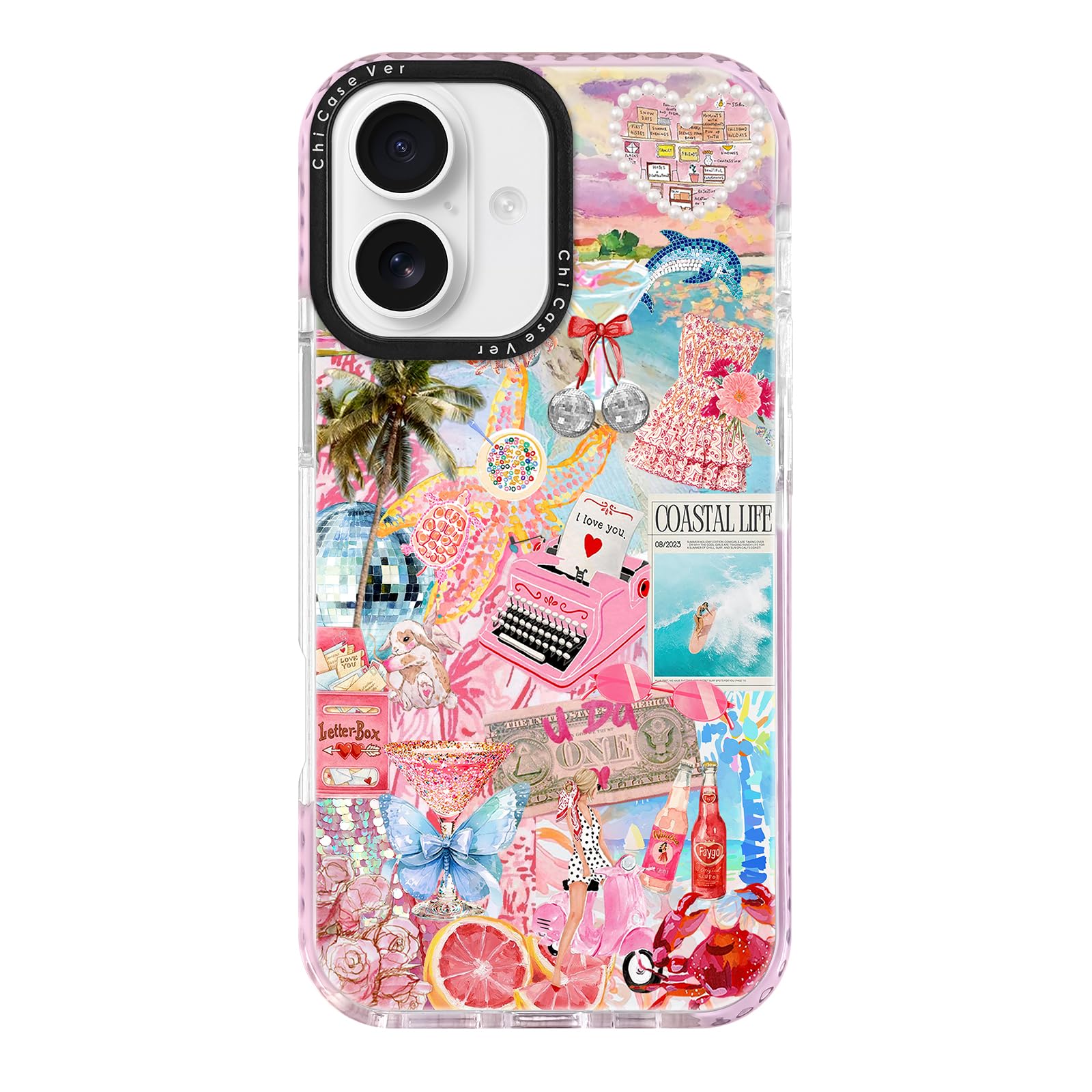 ChiCaseVer for iPhone 16 Plus Case, Coastal Life Pattern with Tropical Collage, Military-Grade Drop Protection, Trendy Soft Slim