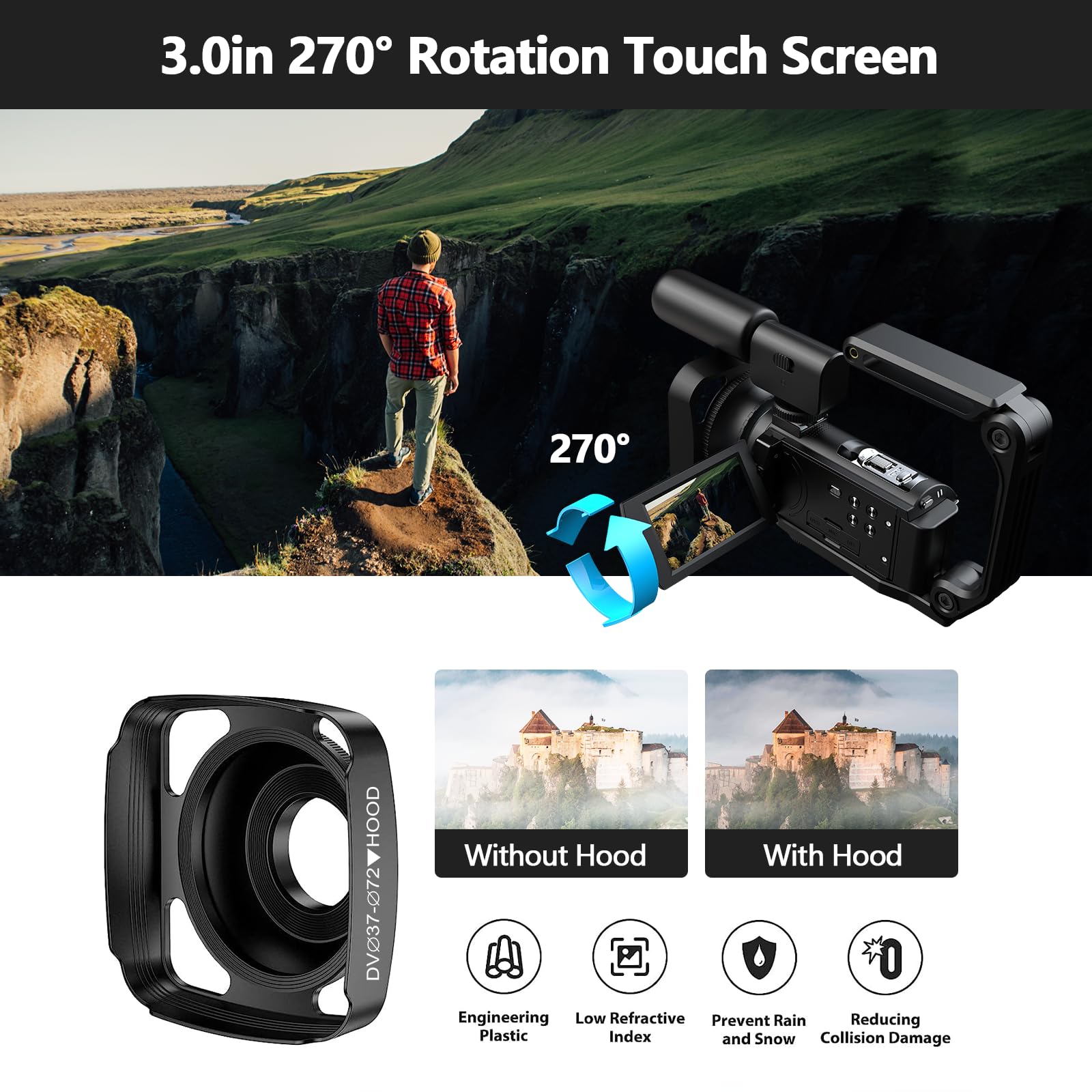 Video Camera Camcorder 5K 56Mp Vlogging Camera Youtube Wifi Night Vision 3    270 Rotatable Touchscreen Podcast Camera Recorder