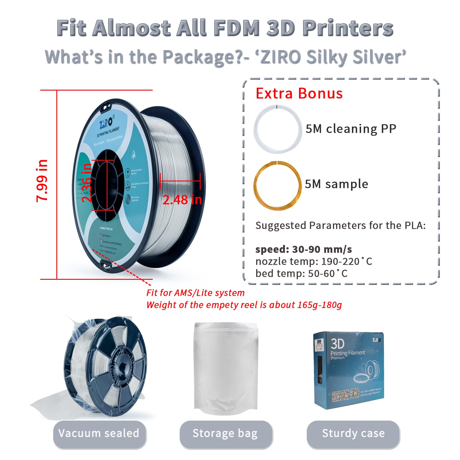 Ziro Pla 3D Printer Filament, Silky Silver Pla Filament 1.75Mm 1Kg/2.2Lbs Spool, Shiny Shine 3D Printing Material, Metal Metalli