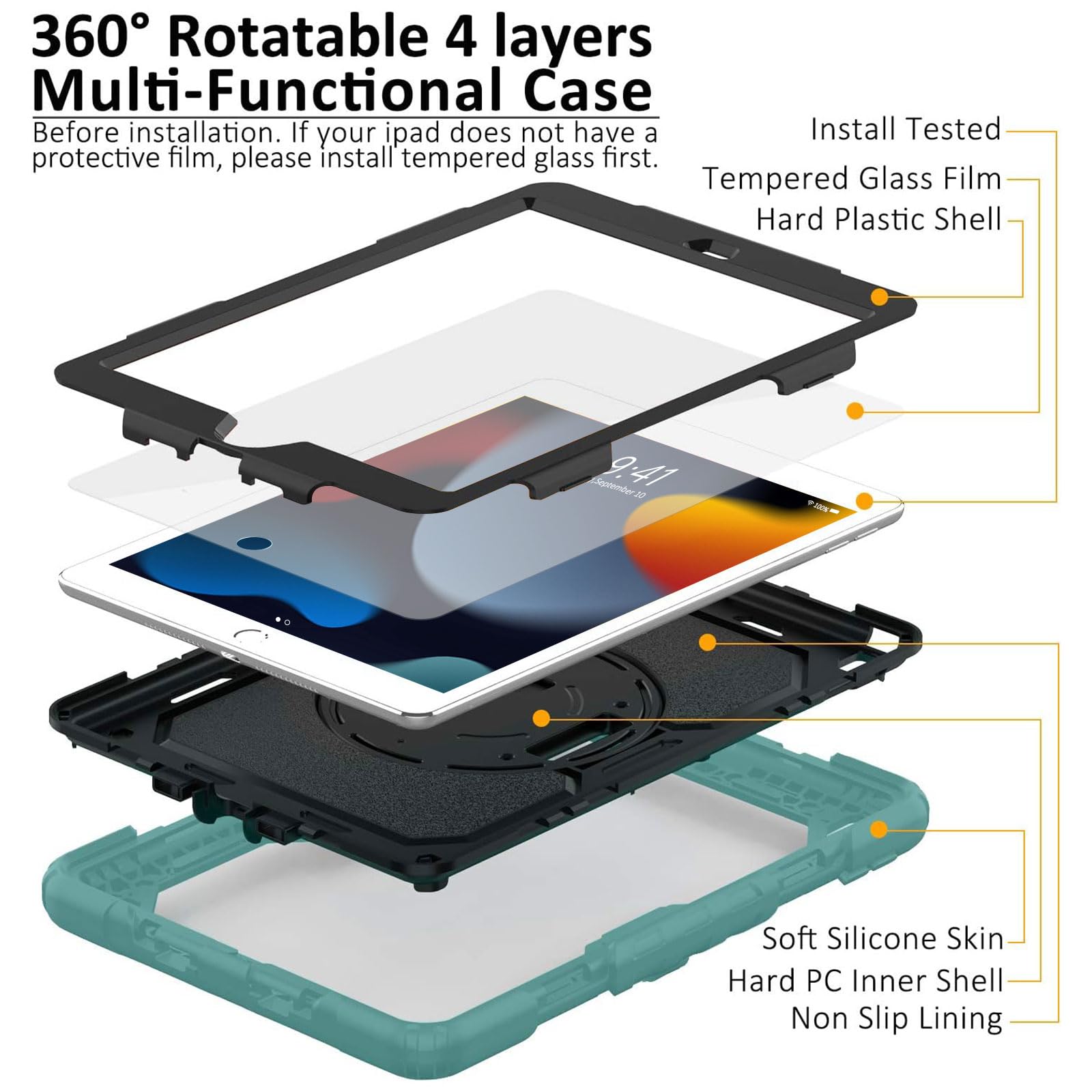 Ambison Case For Ipad 9Th/8Th/7Th Generation 10.2'' 2021/2020/2019, [Kid Proof] Full Body Protective Case With 9H Tempered Glass Screen Protector, 360� Rotatable Kickstand & Hand Strap (Teal & Black)