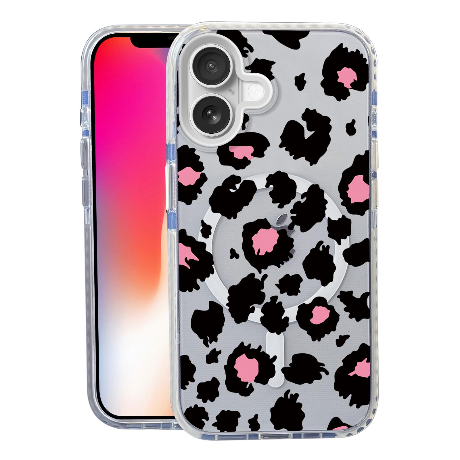 Nimeey Black Pink Leopard for iPhone 16 Case,MagSafe Compatible,Matte Soft Slim Shockproof Cover,Anti-Fingerprint,Anti-Yellowing