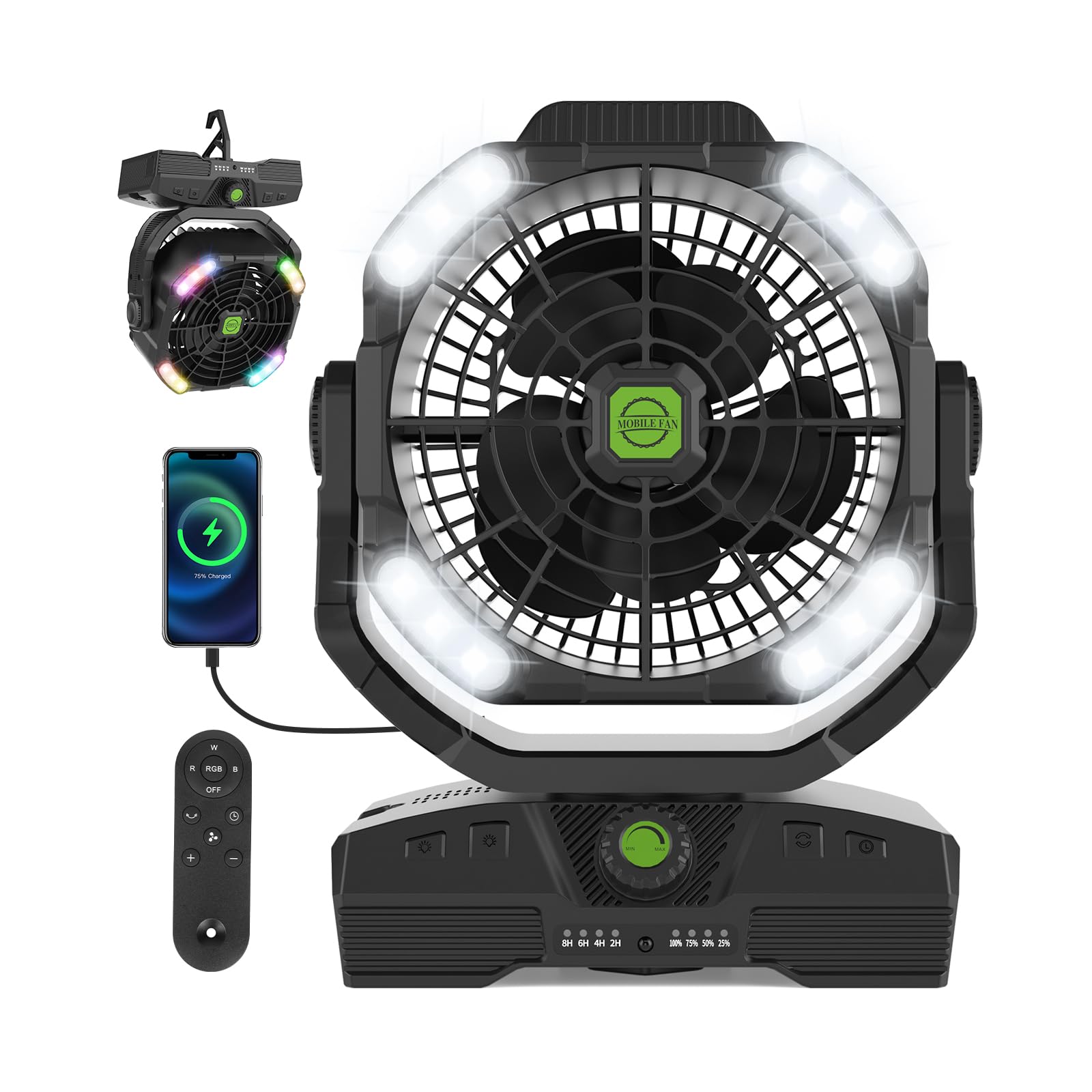 RUNTOP 20000mAh Camping Fan, Oscillating High Speed Rechargeable Battery Operated Fan w/RGB Light,Remote,Hanging Hook, Outdoor P