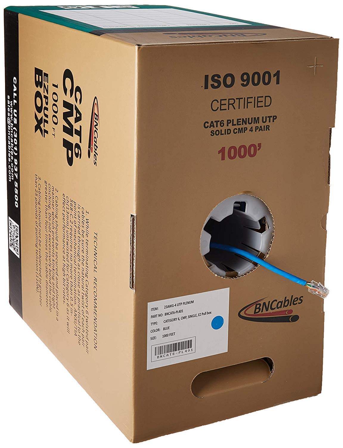Bncables | 550Mhz Cat6 Plenum Cable 1000Ft Blue, 23Awg 4Pair, Solid Network Cable Unshielded Twisted Pair (Utp), Available In 7 Colors