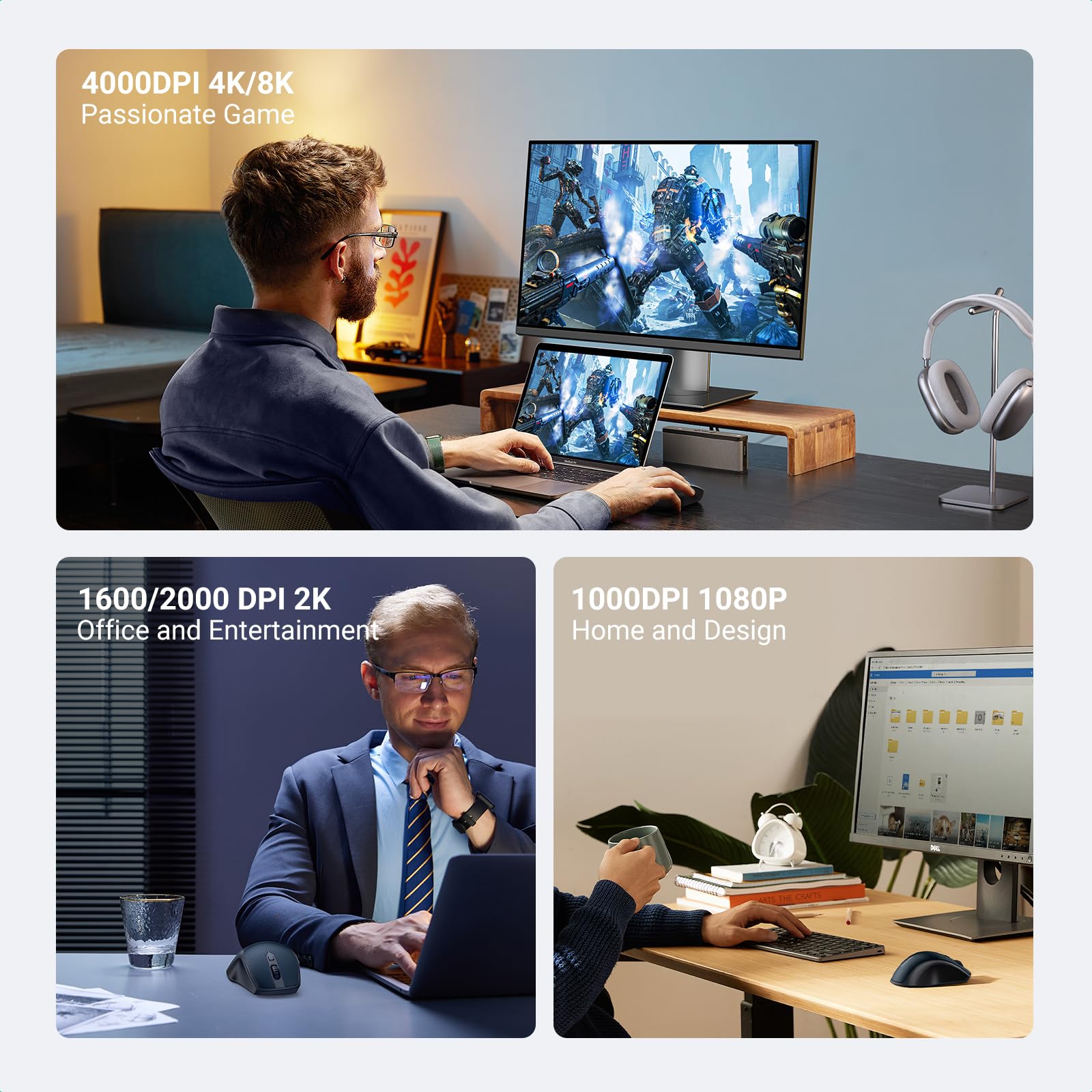 Ugreen Wireless Mouse, Ergonomic Bluetooth 5.0 Mouse For Laptop, 2.4G Cordless With Usb Receiver, 1000/1600/2000/4000 Dpi, 5 But