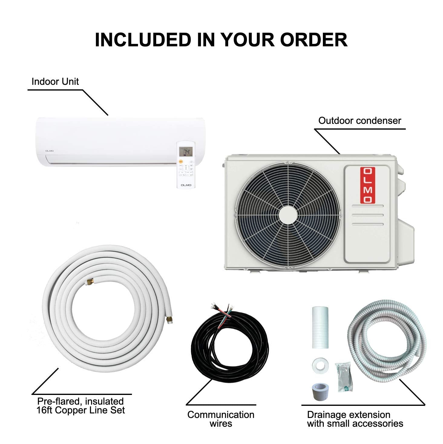 Olmo Alpic 9,000 Btu, 110/120V Ductless Mini Split Ac/Heating System With Heat Pump Including 16Ft Installation Kit
