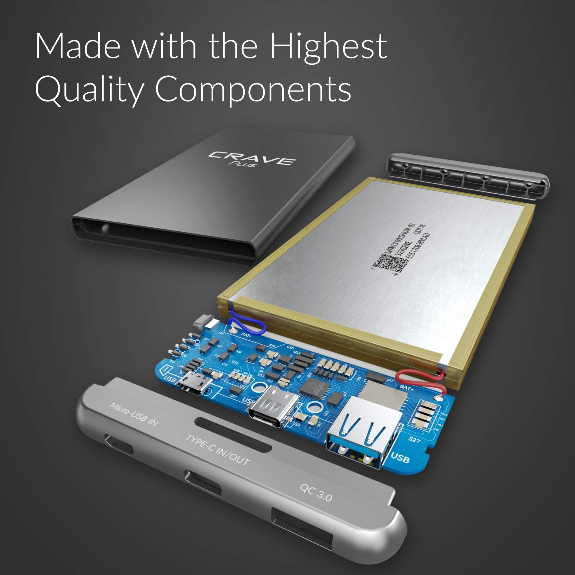 Crave Slim Power Bank 10000mAh - Aluminum Portable Charger with Quick Charge QC 3.0 USB & Type C, Model CRVPB10P1