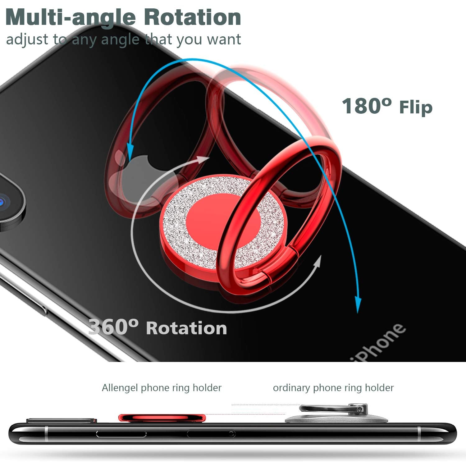 Phone Ring Holder Finger Kickstand, 360 Rotation Phone Ring Grip, Compatible With Smartphone (Red)