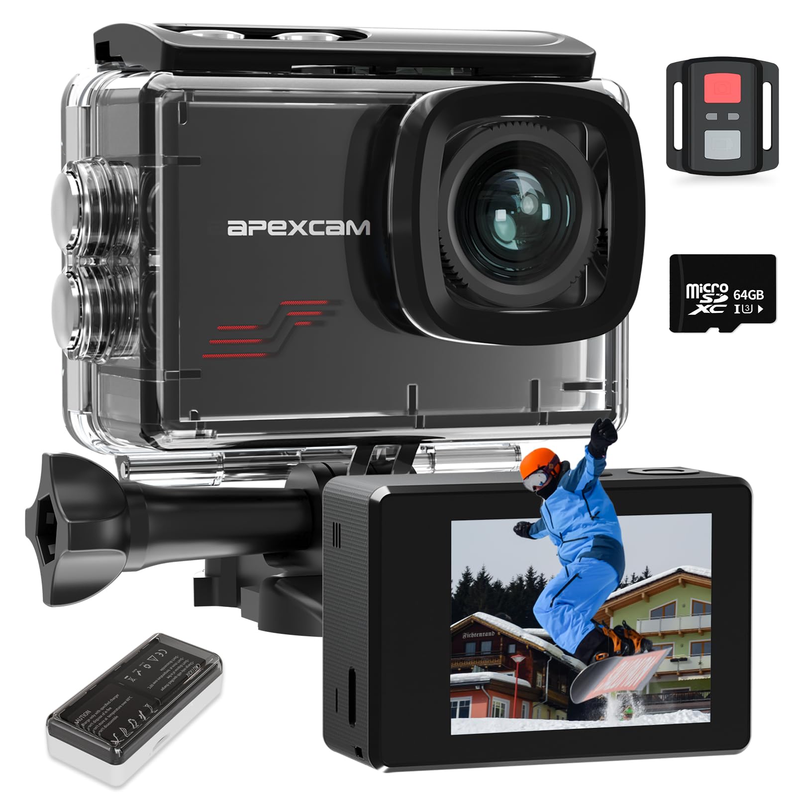 Apexcam Action Camera 4K With 64Gb Card, Hd 60Fps 48Mp Sports Camera For Vlogging, 40M Waterproof Camera Underwater, 170 ? Wide