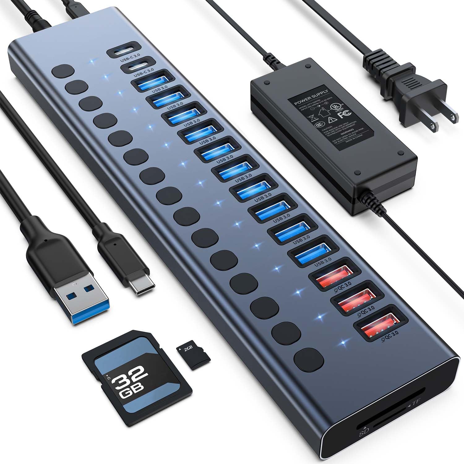 Powered Usb Hub, Vangree 17 Port 90W Usb 3.0 Splitter (10 Usb 3.0 Ports+3 Quick Charging Ports+2 Usb C 3.0 Ports+Sd/Tf Card Read