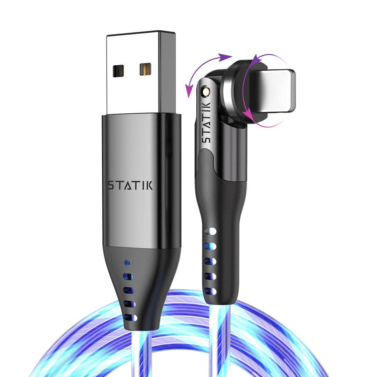 Statik Powerpivot 12W Globright Right Angle Charging Cable, Light Up Charging Swivel Head Cable, Led Glowing Charging Cable, Ipr
