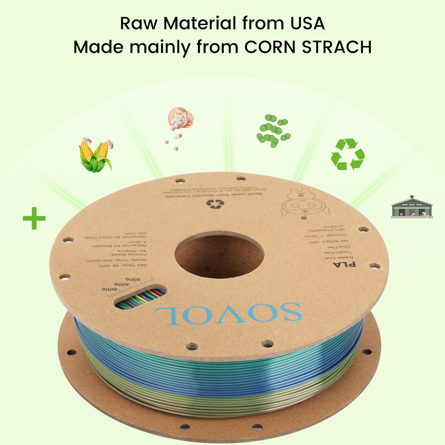 Sovol 3D Printer Silk Shiny Multicolored Fast Change Rainbow Pla 1 Kg (2.2 Lbs) Spool 3D Printing Materials, Wiring Tightness, D