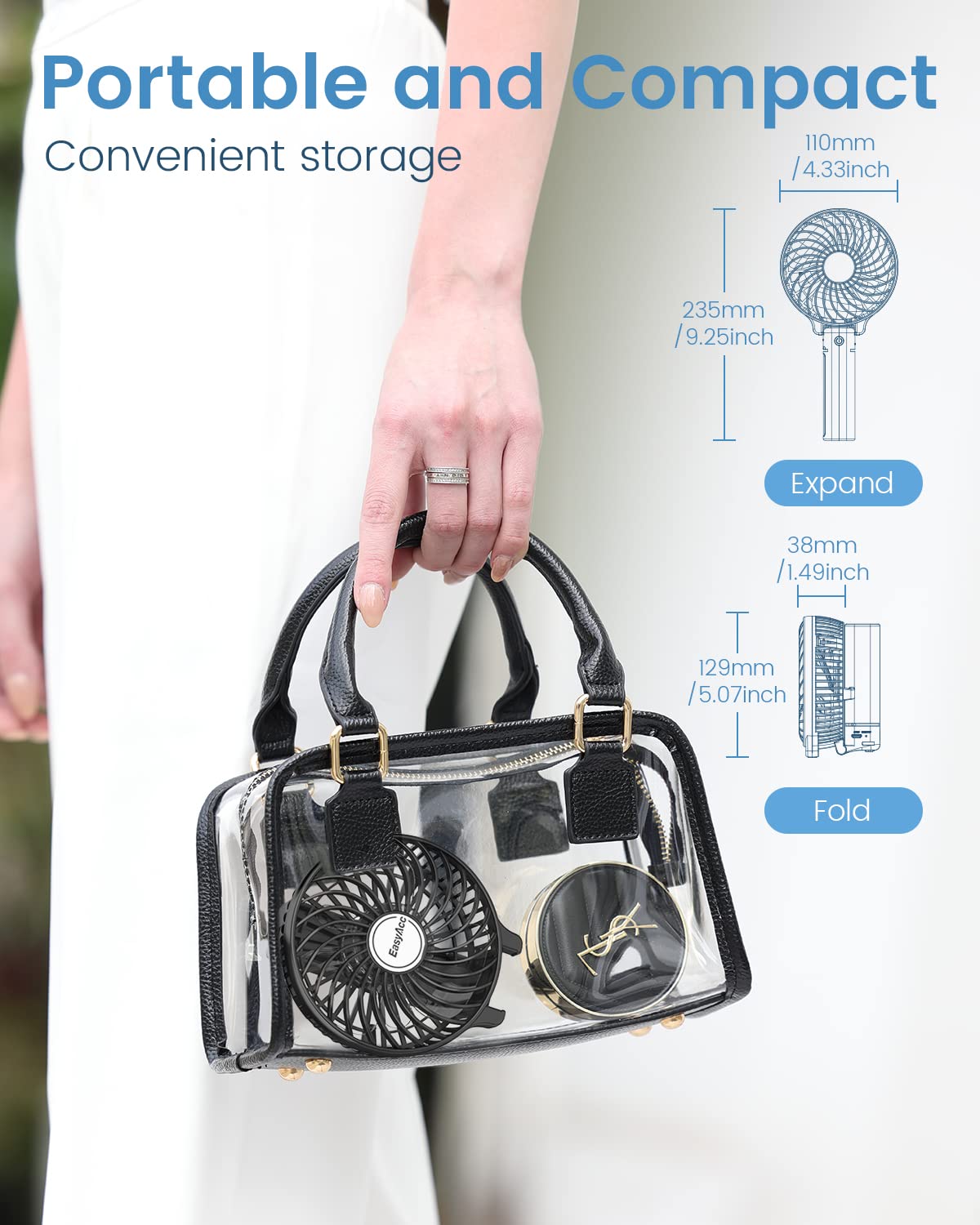 Easyacc Mini Handheld Fan, Portable Fan Small Usb Desk Fan Personal Hand Fan 3 Speed 10H Working Hours Rechargeable Battery Cool