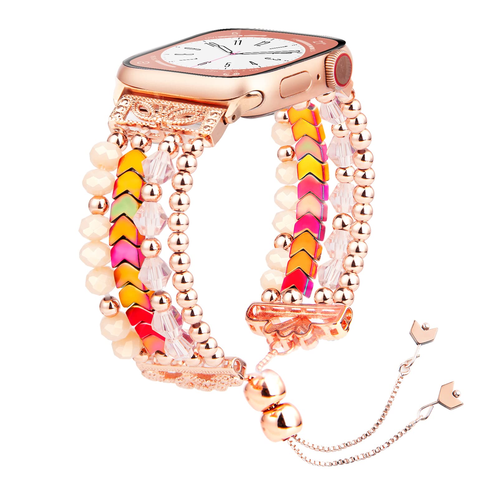 Beaded Bracelet Band Compatible For Apple Watch Ultra Series Se 8 7 6 5 4 3 2 1, Fohuas Adjustable Arrow Crystal Rainbow Pearl B