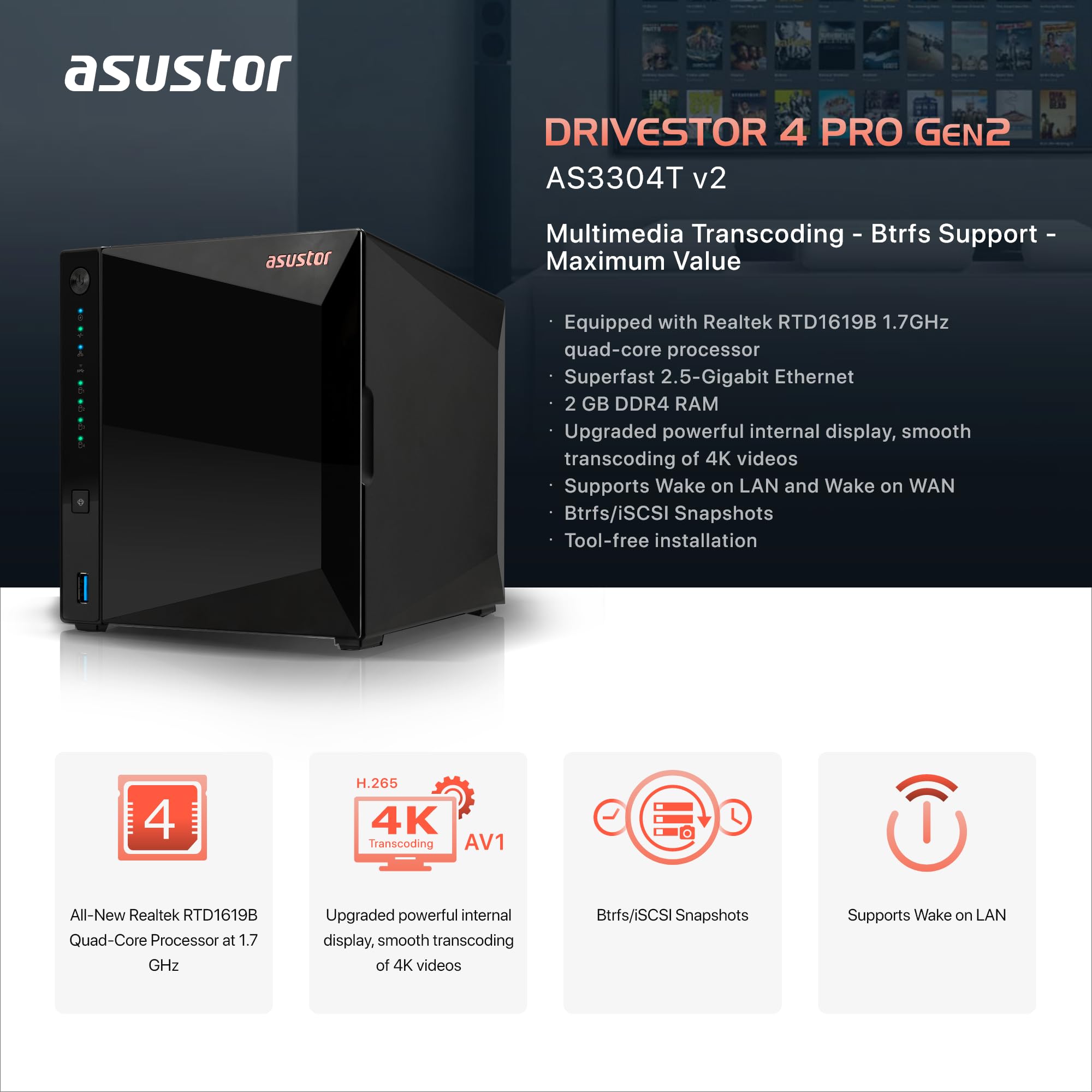 Asustor Drivestor 4 Pro Gen2 As3304T V2, 4 Bay Nas, 1.7Ghz Quad Core, 2.5Gbe Port, 2Gb Ram Ddr4, Small Home Media Server, Networ