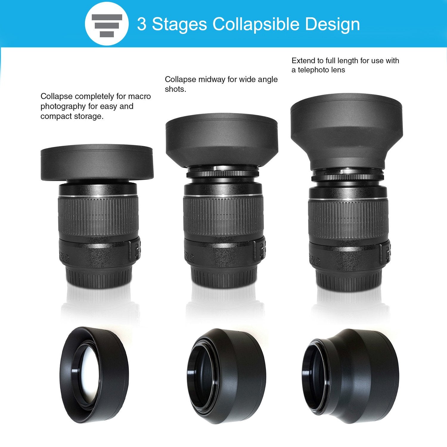 55Mm Lens Hood Set Compatible With Nikon D3400 D3500 D5500 D5600 D7500 Dslr Camera With Af P Dx 18 55Mm F/3.5 5.6G Vr Lens, Collapsible Rubber Hood + Reversible Tulip Flower Hood + Lens Cap