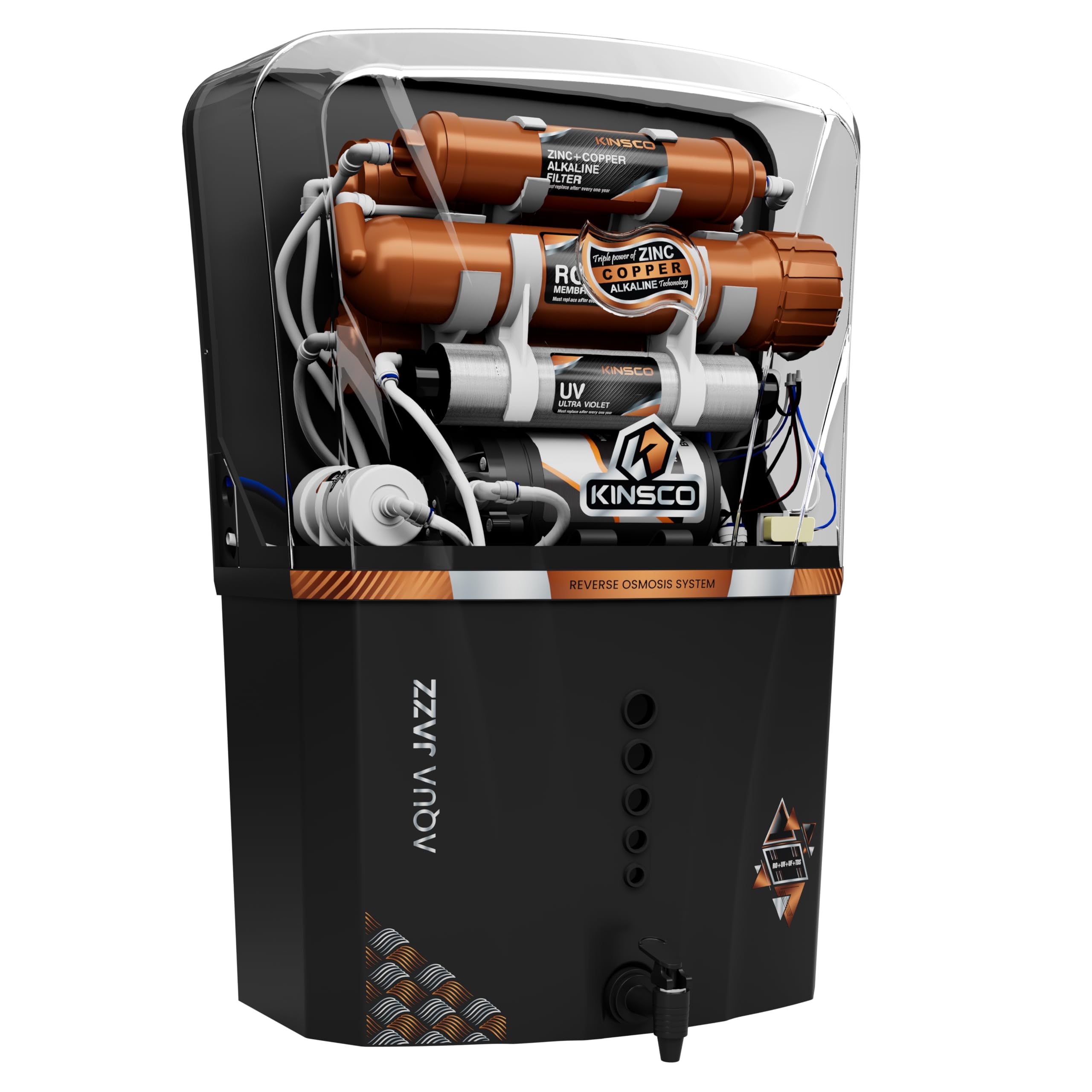 Kinsco Aqua Jazz Isi Copper Alkaline Ro Water Purifier | Ro + Uv + Uf + Tds + Copper Technology | Auto Start/Stop | 15L Tank Cap