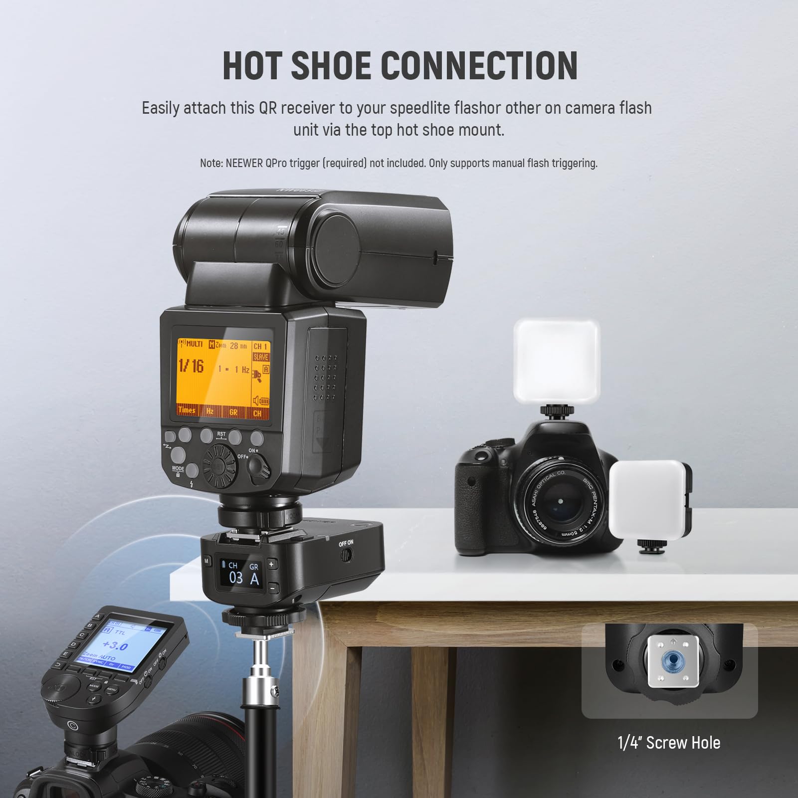 Neewer Qr 2.4G Wireless Flash Receiver For Neewer Qpro-C, Qpro-N, Qpro-S Triggers, Single Contact With 2.5Mm Sync Port, Hot Shoe