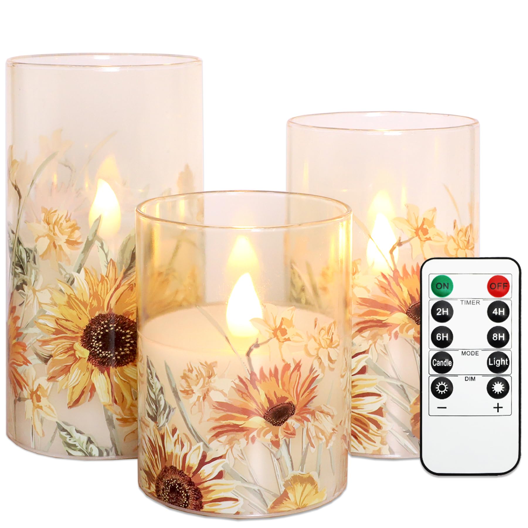 MELTONE Sunflower Flameless Candles Remote Real Wax Flickering Battery Operated Glass Candles - Home Party Bedroom Birthday Chri
