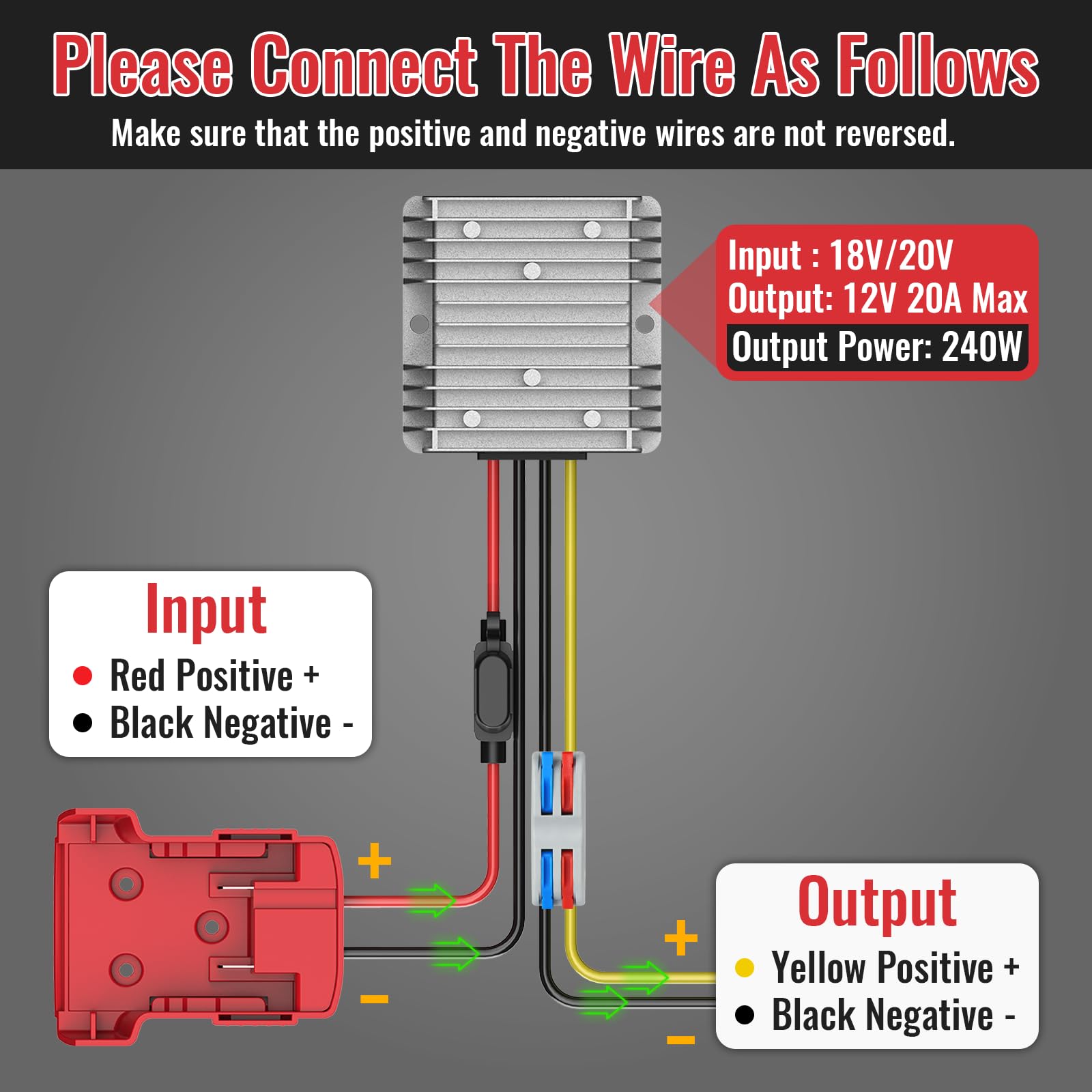 Kzreect 18V To 12V Step Down Converter Compatible With Milwaukee 18V Battery, Dc 12V 20A 240W Voltage Reducer Regulator For Golf
