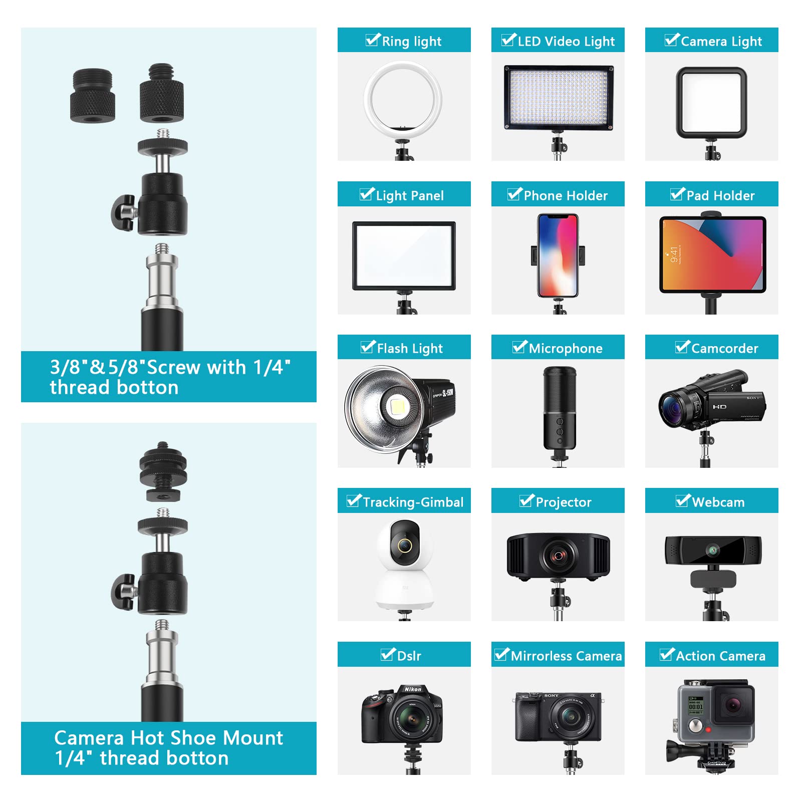 Tinpops Camera Desk Mount Stand, 21 41.5'' Adjustable Desktop C Clamp Mounting Stand, Aluminum Tabletop Light Stand With 1/4'' S