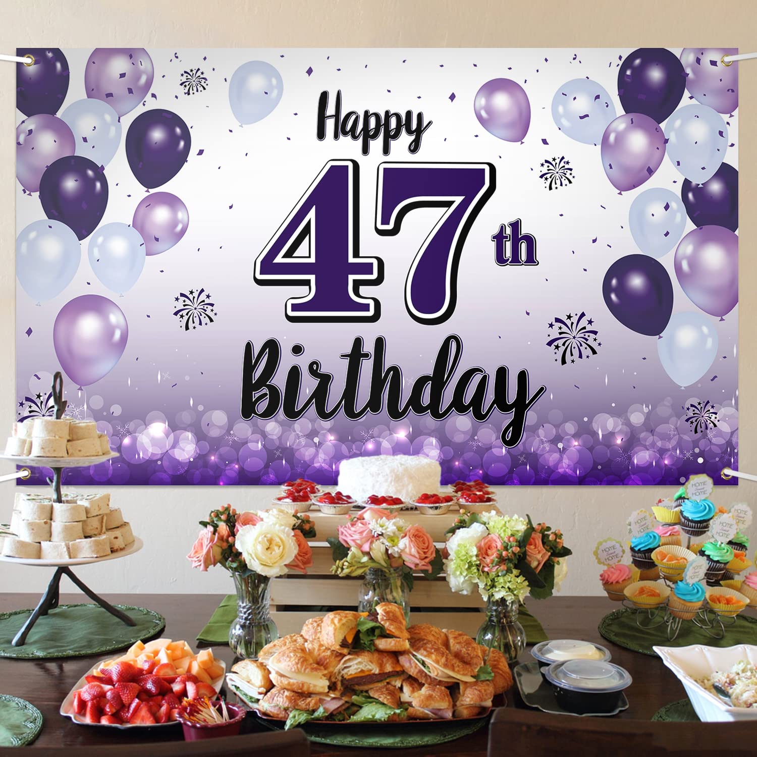 Laskyer Happy 47Th Birthday Decorations,47Th Purple Balloon Large Birthday Banner Backdrop Sign,47 Years Old Bday Party Supplies