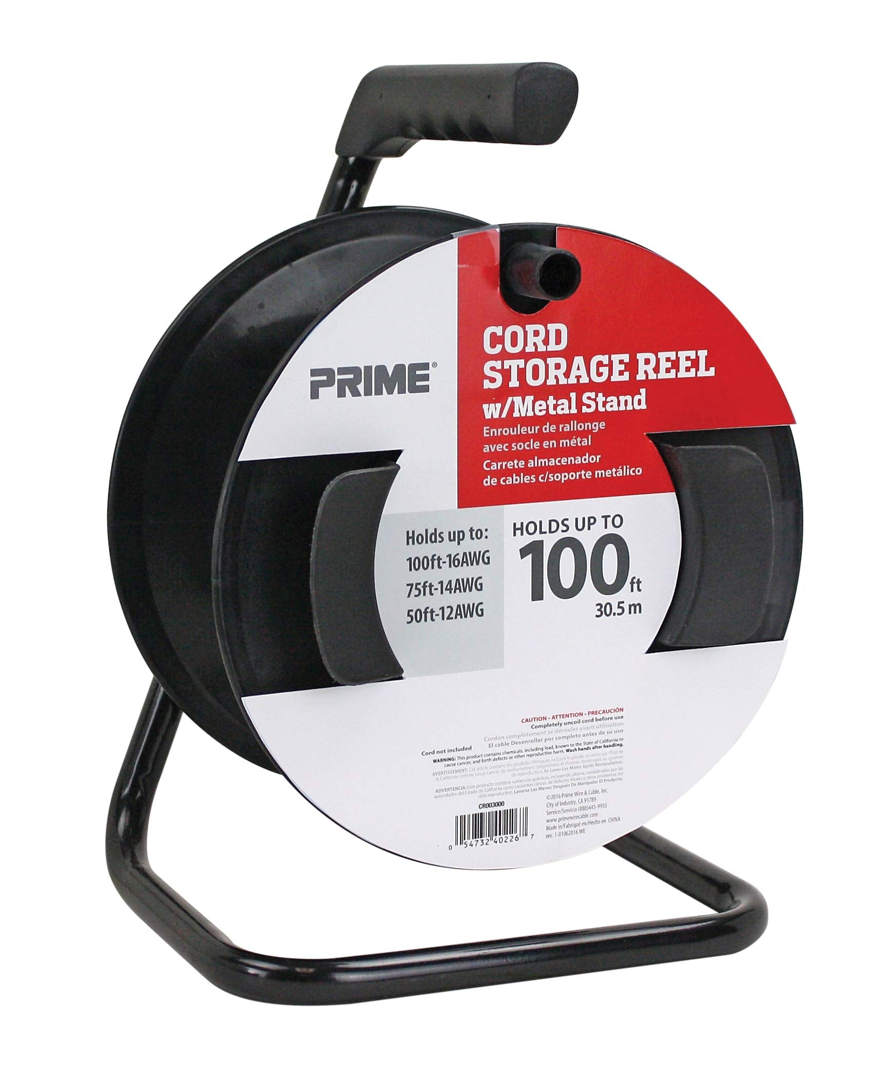 Prime Cr003000 Portable Cord Reel With Metal Stand, Black, Holds 100 Ft Of Cord