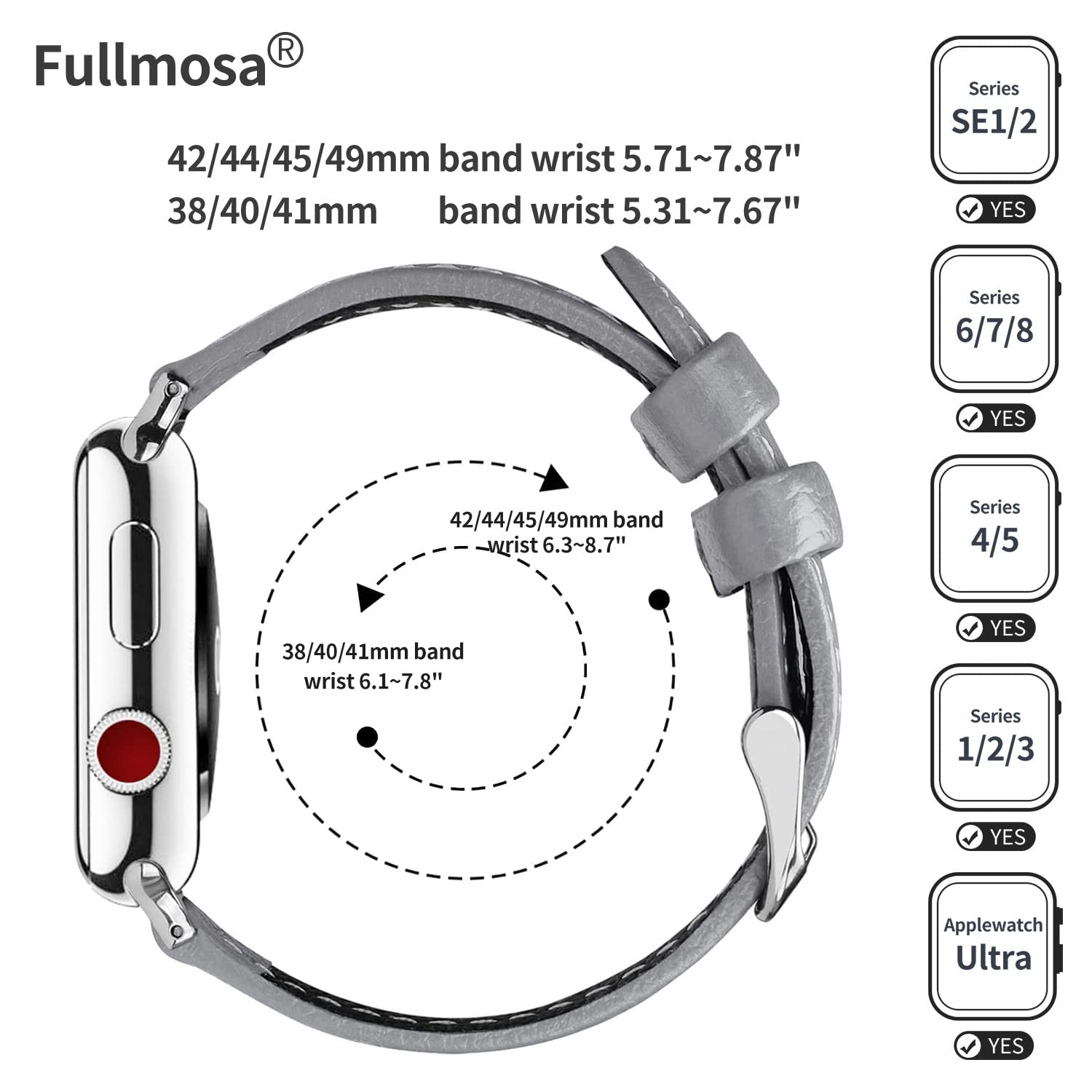 Apple Watch Band 42Mm 38Mm Fullmosa Genuine Leather Iwatch Bands, Grey,42Mm