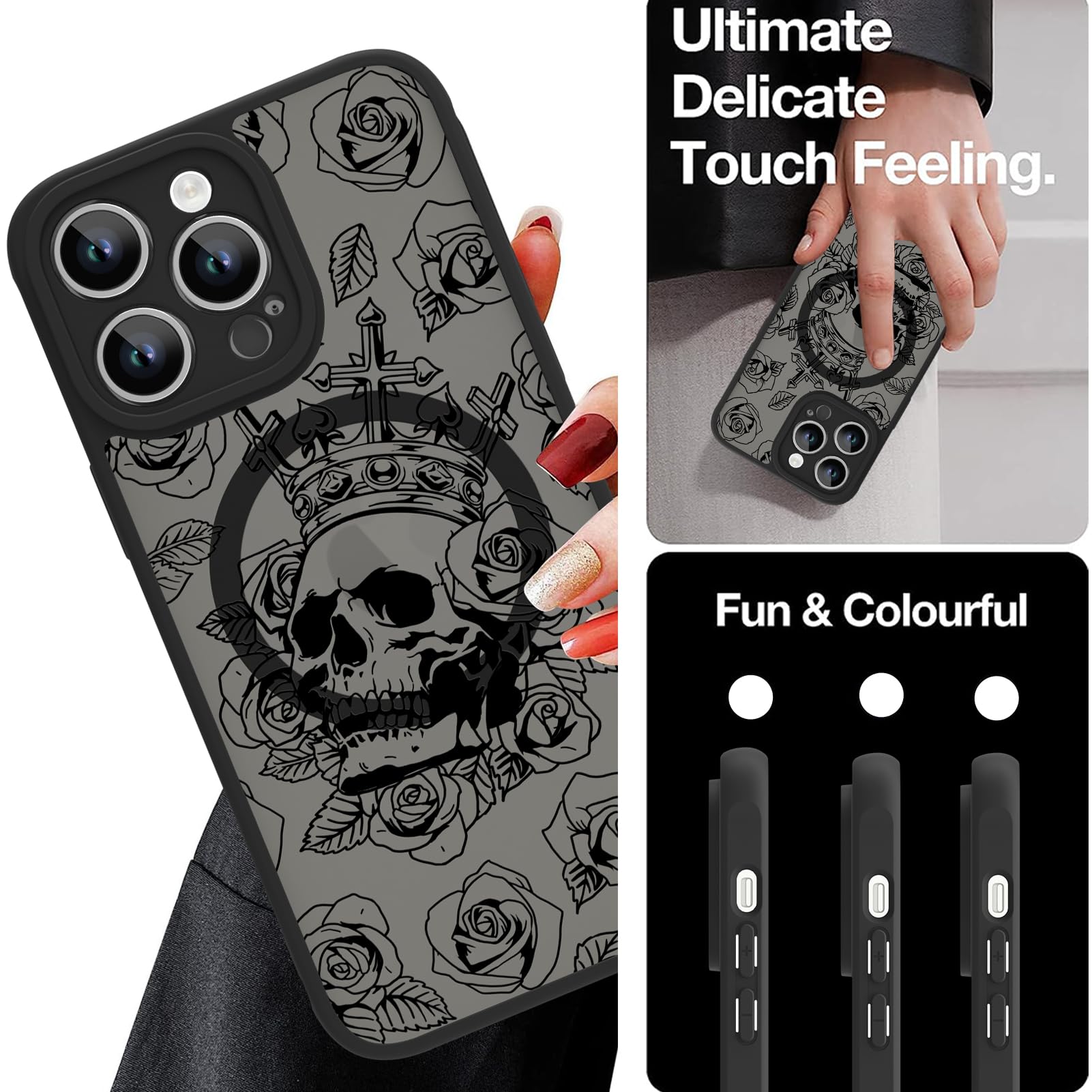 Ook Magnetic For Iphone 15 Pro Case Black Flower Skull Pattern [Compatible With Magsafe] Slim Translucent Matte Camera Lens Prot
