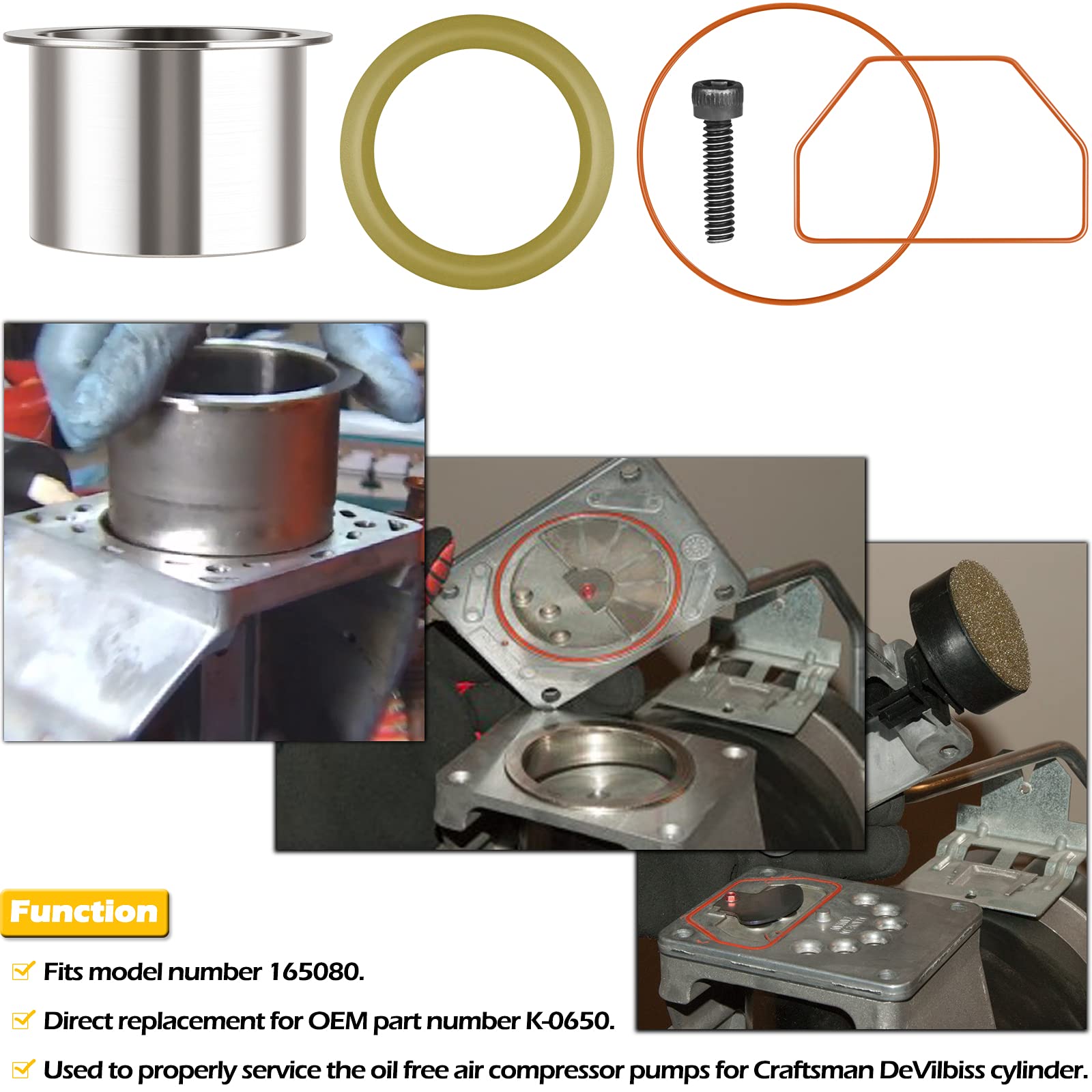 K 0650 Air Compressor Cylinder Sleeve And Compression Ring Replacement Kit Perfectly Fits For Craftsman Devilbiss Porter Cable A