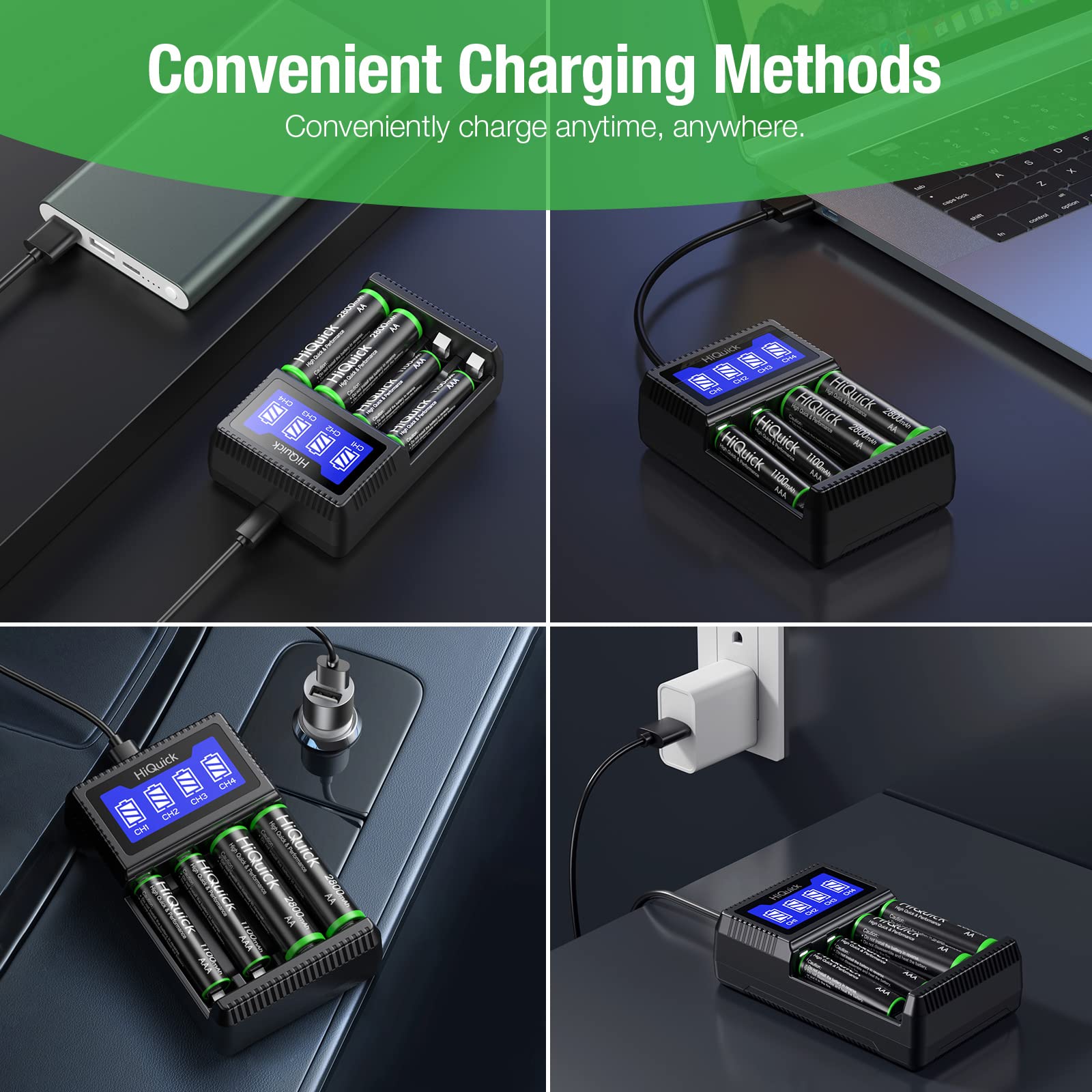 Hiquick 4 Bay Aa Aaa Battery Charger, Usb Input Fast Charging And Independent Charging Slot With Smart Lcd Display Battery Charg
