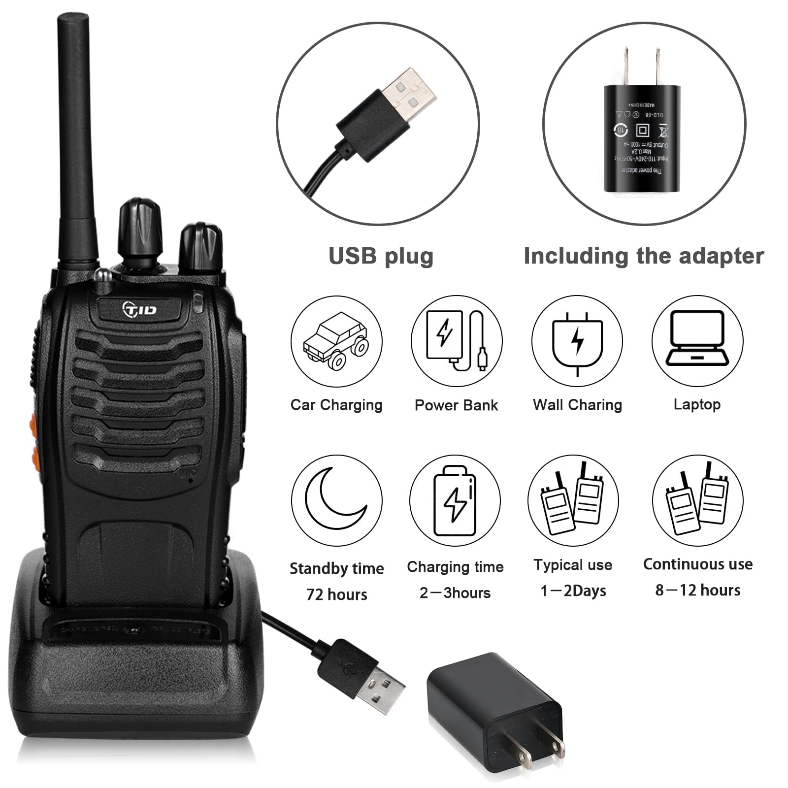 Tidradio Td V2 Walkie Talkies For Adults Long Range, Frequency Copy, Rechargeable Two Way Radio Earpiece With Mic,16 Channels Handheld Walkie Walkie For Kids(2 Pack, Black)
