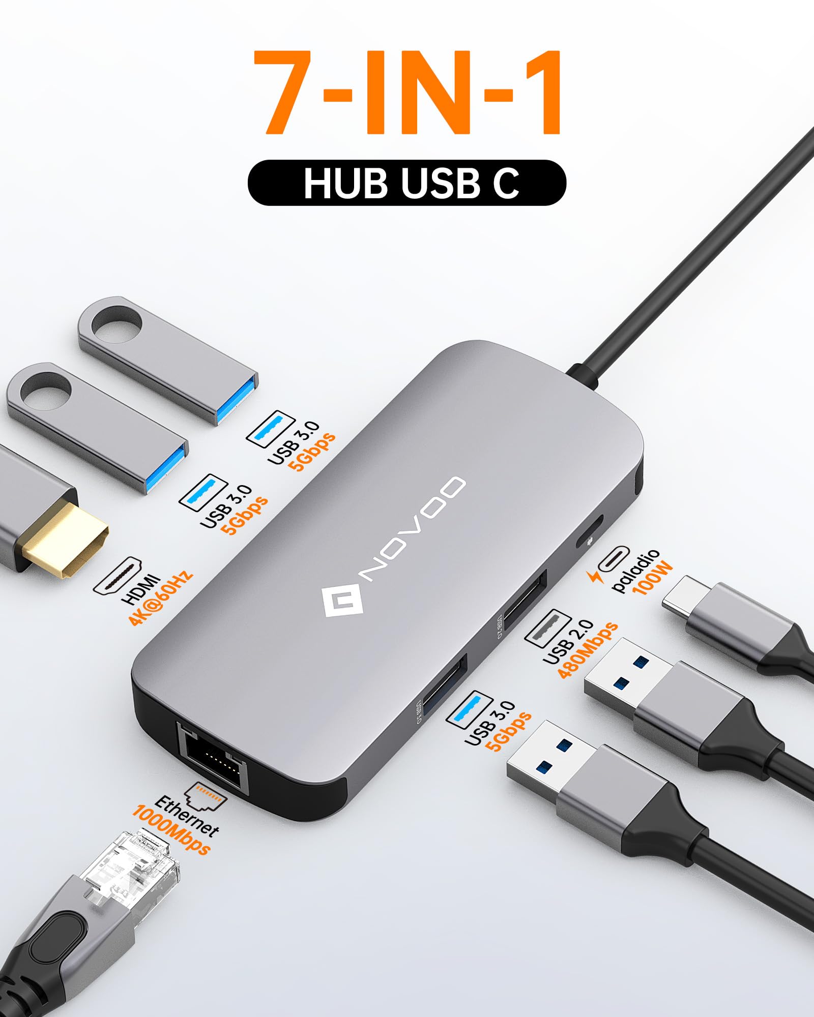 Novoo Usb C Hub Ethernet 4K@60 Usb C Hdmi Adapter Multiport Type C Adapter 4 Usb 3.0 & Usb2.0 Dongle 100W Pd Dock Docking Station For Macbook Pro Air Apple Ipad Pro Steam Deck Dell Hp Lenovo 7 In 1
