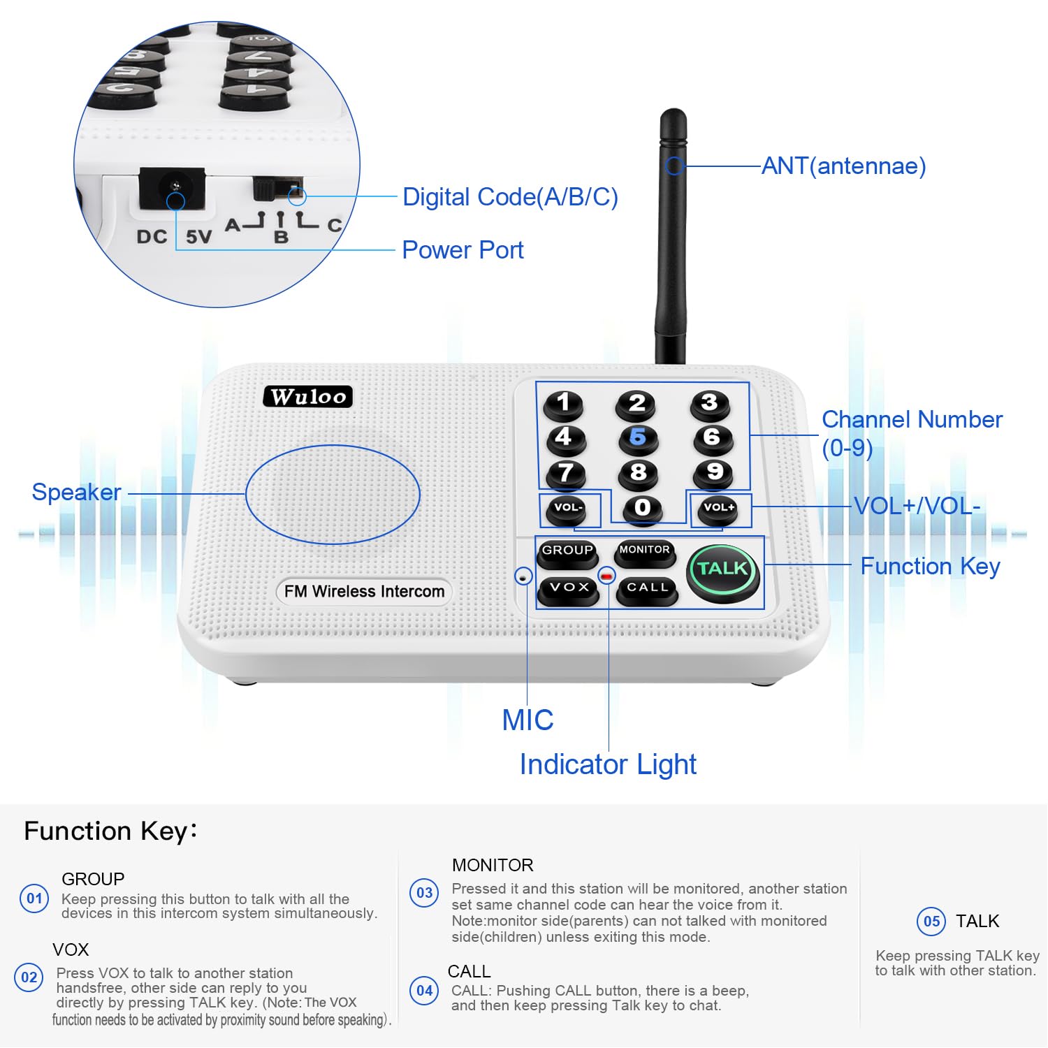 Expandable For Wuloo Intercoms Wireless For Home 5280Ft Range 10 Channel 3 Code (Only 1 Unit For Expandable The Original Intercom System, Can Not Work Without Other Units)