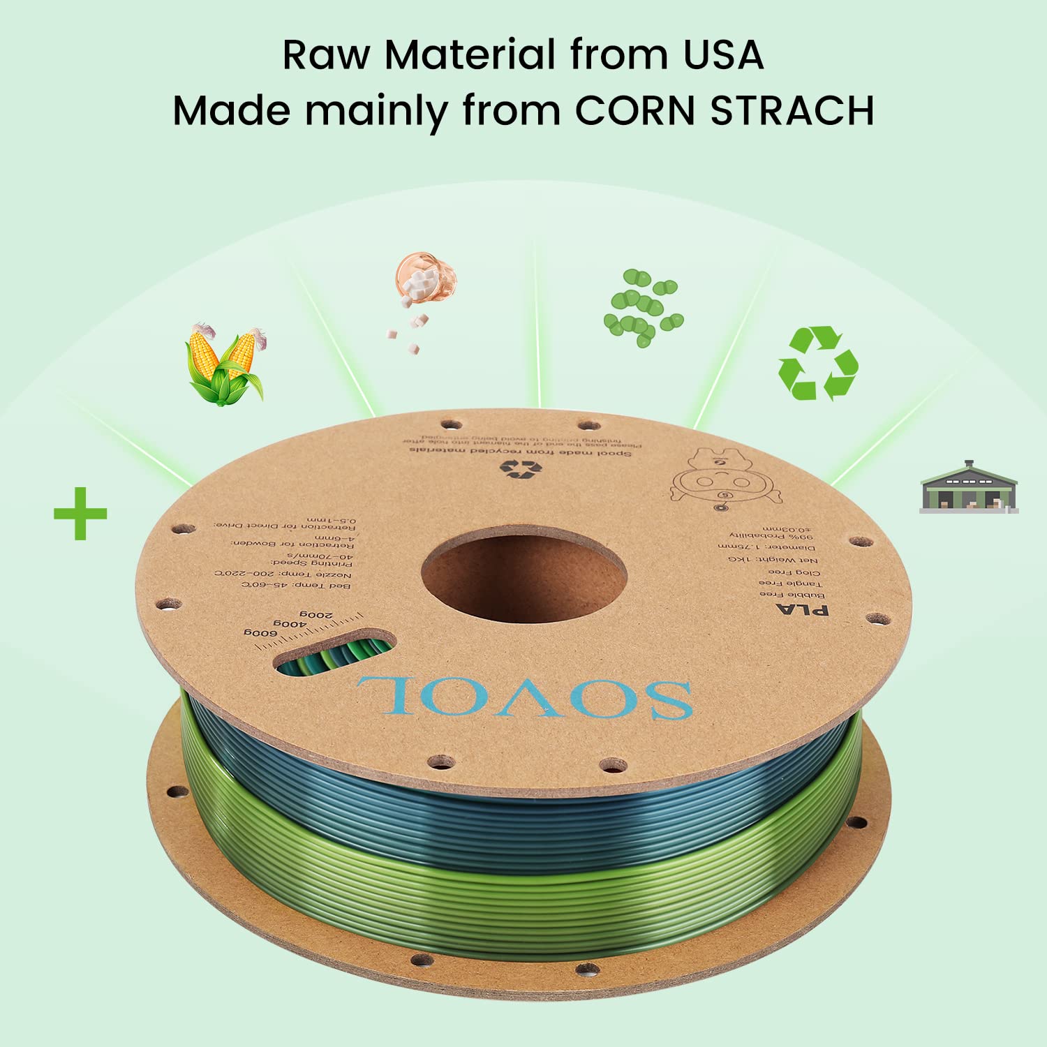 Sovol 3D Printer Silk Shiny Multicolored Fast Change Rainbow Pla 1Kg (2.2 Lbs) Spool 3D Printing Materials, Wiring Tightness, Di