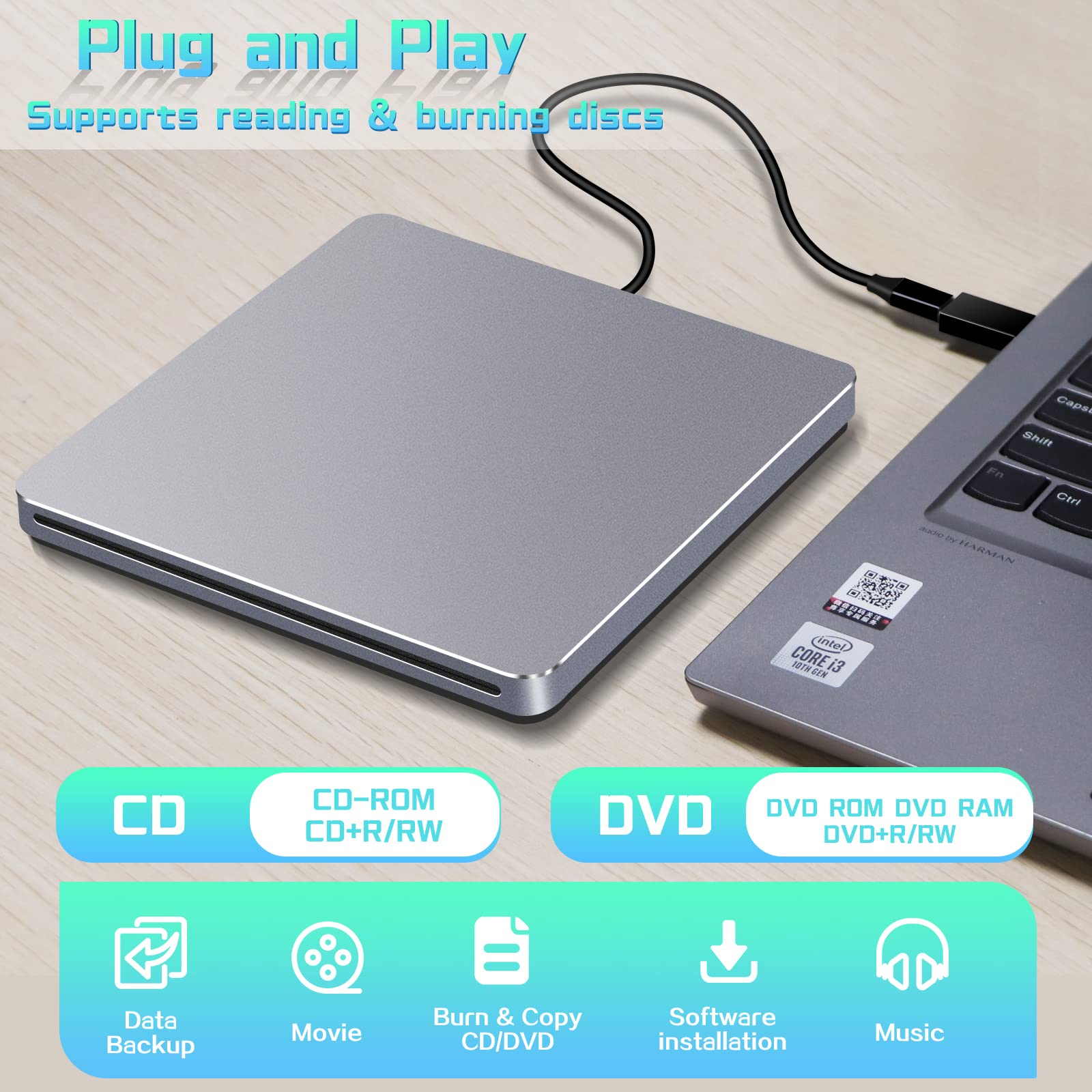 Nolyth External Dvd Drive Usb C Superdrive For Apple, Slot In Cd Drive For Mac, Portable Cd Burner Cd/Dvd External Drive, Alumin