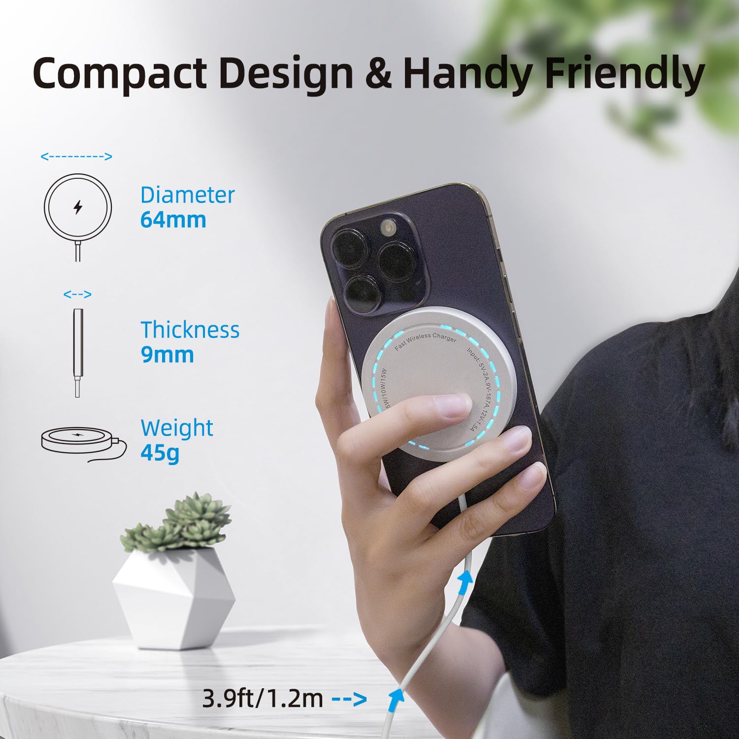 Pinruige Wireless Charger, 15W Max Fast Magnetic Wireless Charging Pad Compatible With Iphone 15/14/13/12 With Usb A Converter W