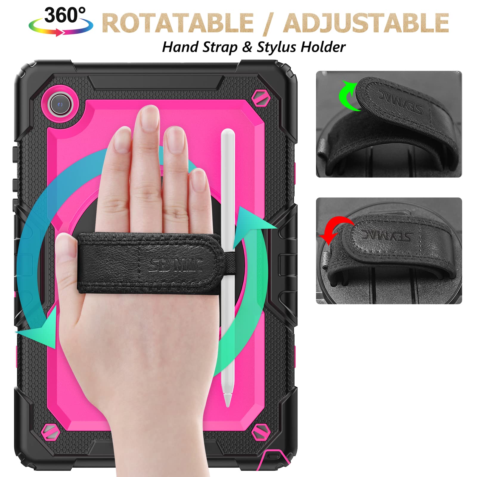 Seymac Stock 360 Hand Strap Shockproof Case For Samsung Galaxy Tab A8 10.5 Inch, Pink+Black