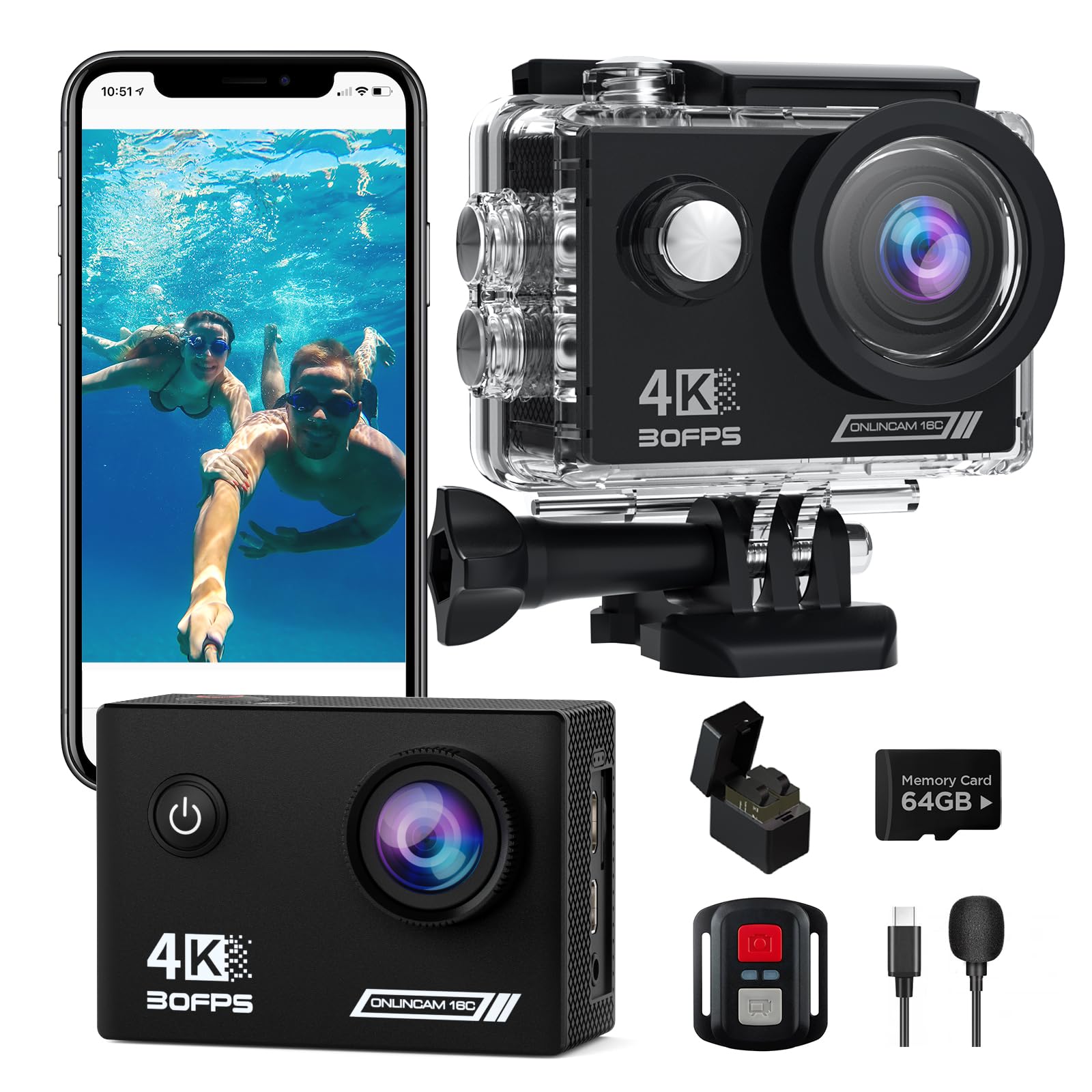 Action Camera 4K30Fps With 64G Sd Card,Hd Waterproof Camera 131Ft Underwater Cameras 20Mp Pre Recording Wifi Camera 170 Remote C