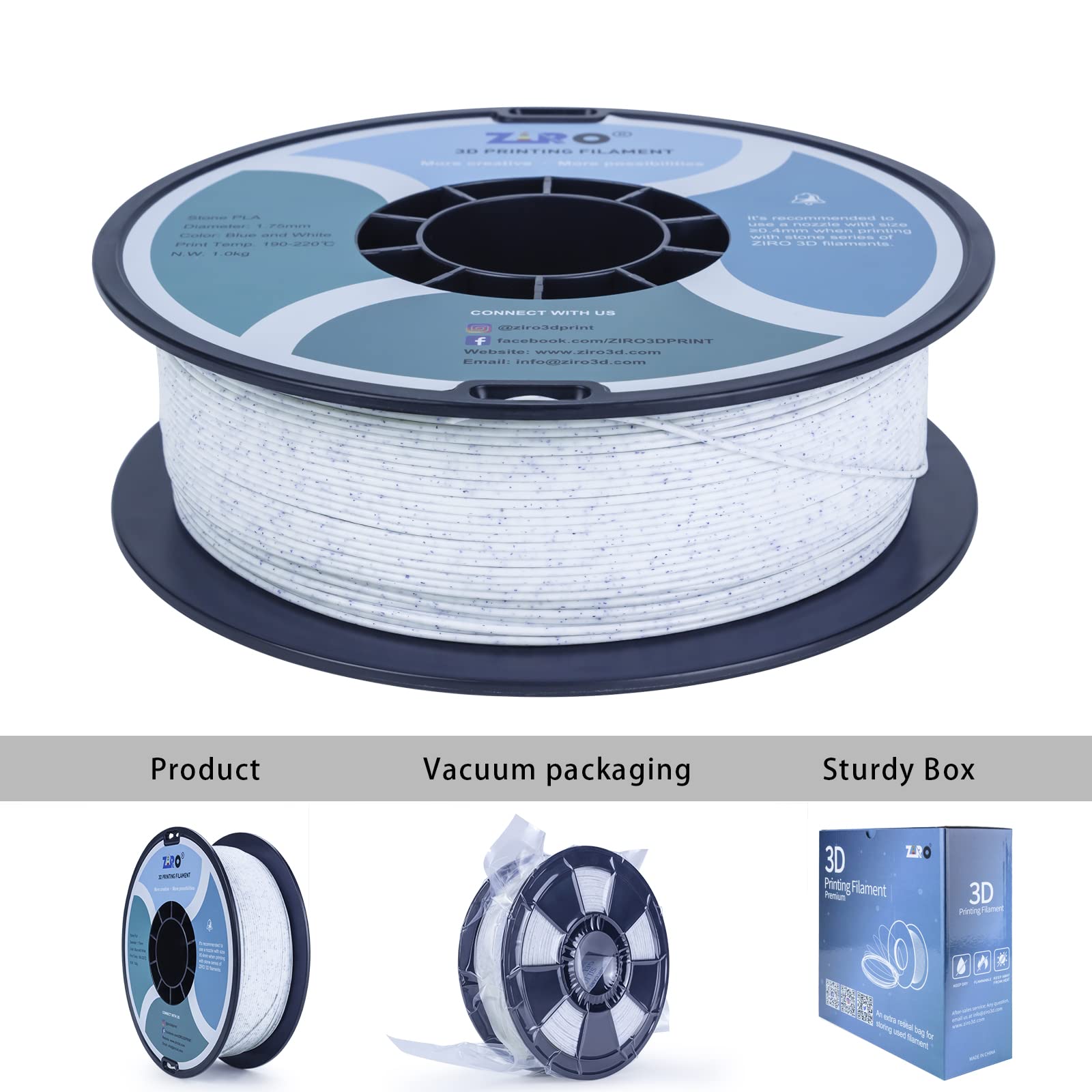 Ziro Pla Stone Filament 1.75Mm,3D Printer Filament Pla 1.75Mm Blue And White Color 1Kg(2.2Lbs)   Blue And White