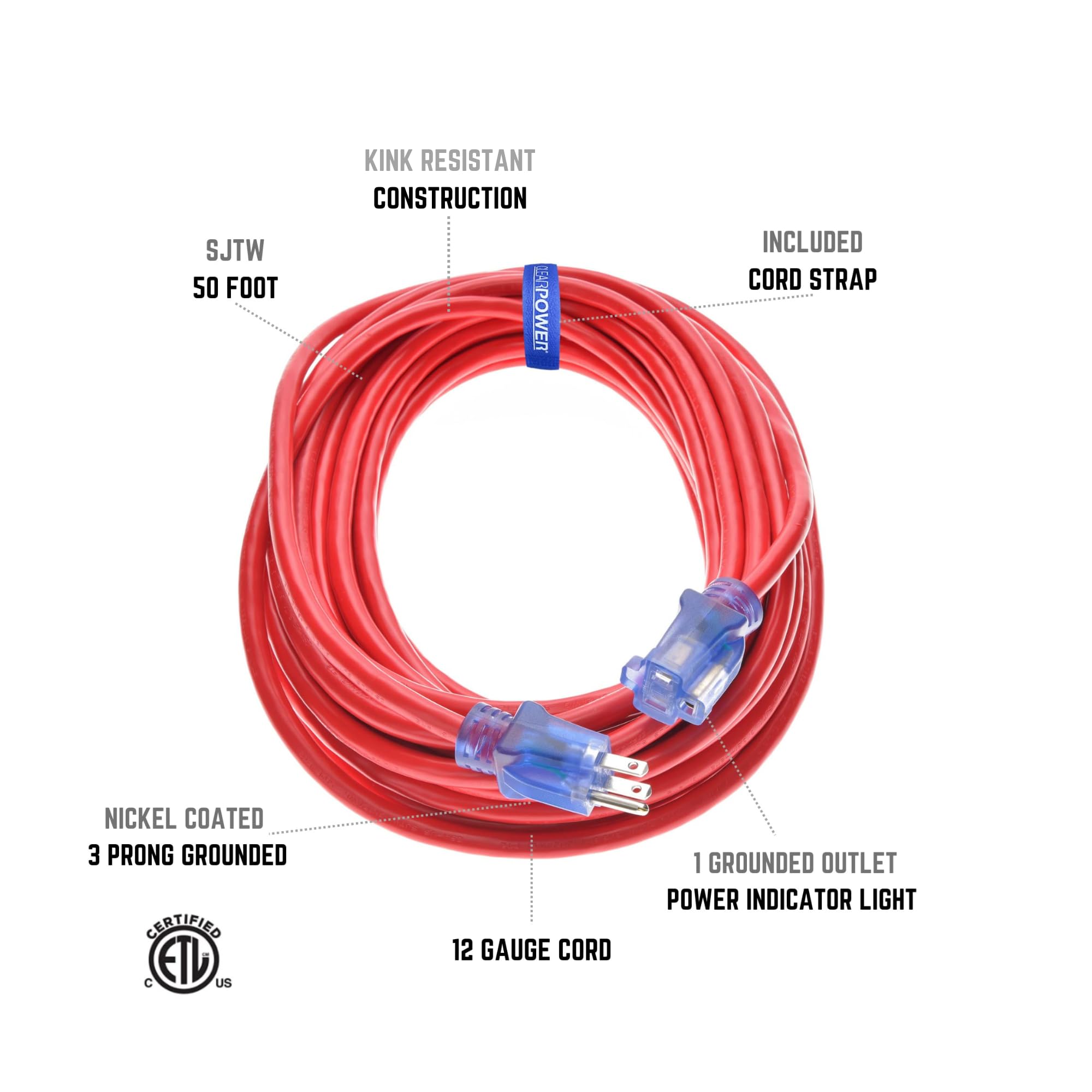 Clear Power Heavy Duty Outdoor Extension Cord   50 Ft, Red | For Extreme Cold Weather  50?C, 12/3 Sjtw, Water & Weather Resistan