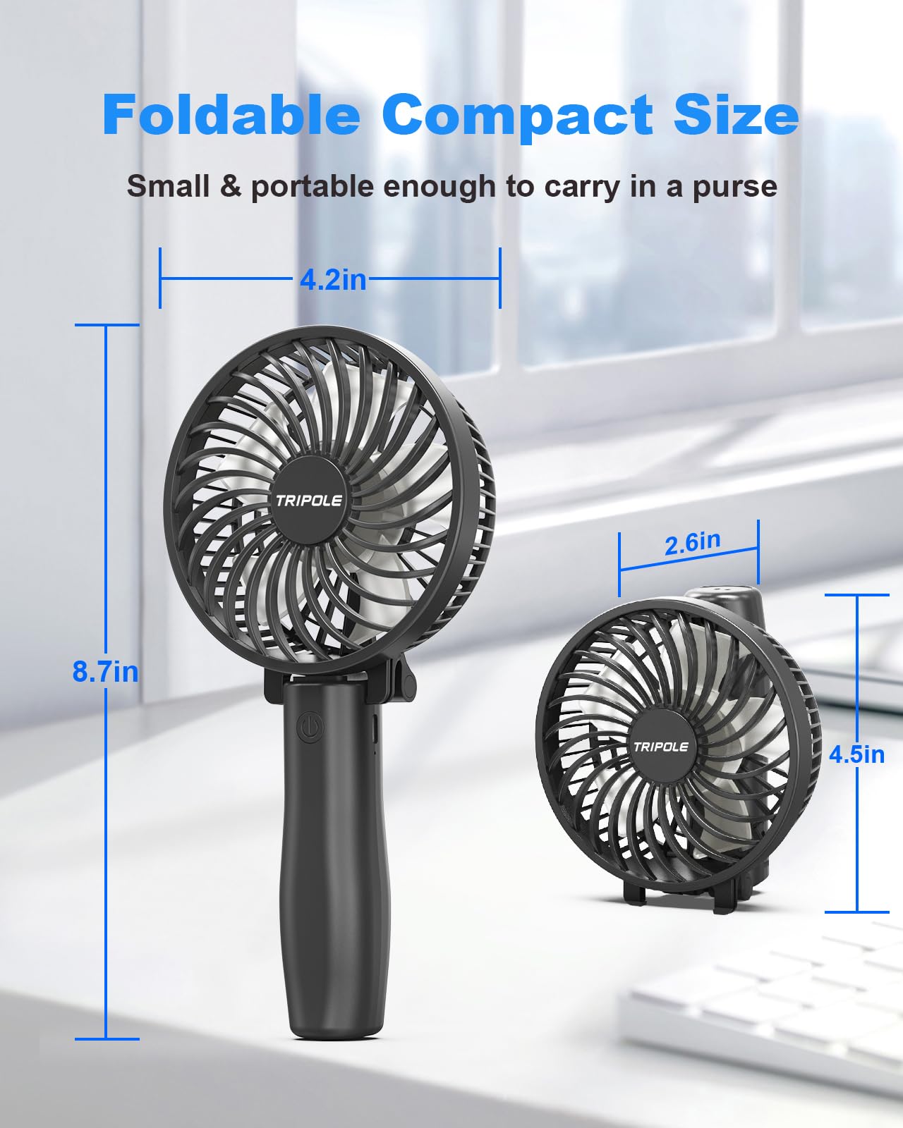 Tripole Handheld Fan Portable Mini Fan, 3 Speeds Foldable Small Personal Fan, Rechargeable Usb Desk Fan, Powerful Hand Held Fan