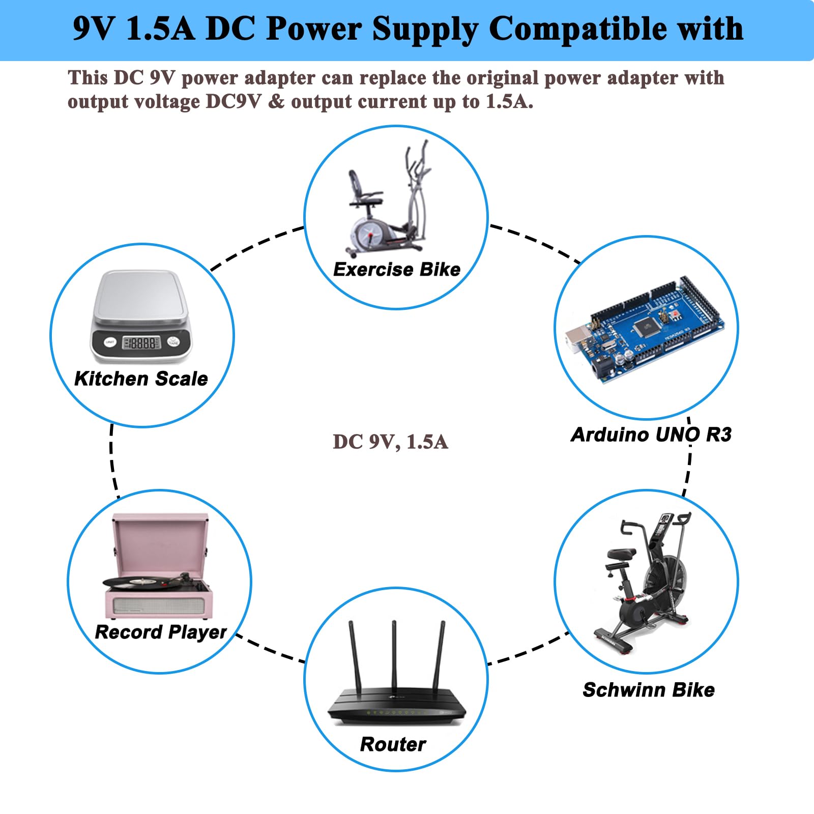 9V 1.5A Power Supply Dc 9V Power Cord, 100-240V Ac To Dc 9Volts Ac Adapter, Fit For Dc9V 1500Ma 1A 1000Ma 0.5A 500Ma Arduino Uno