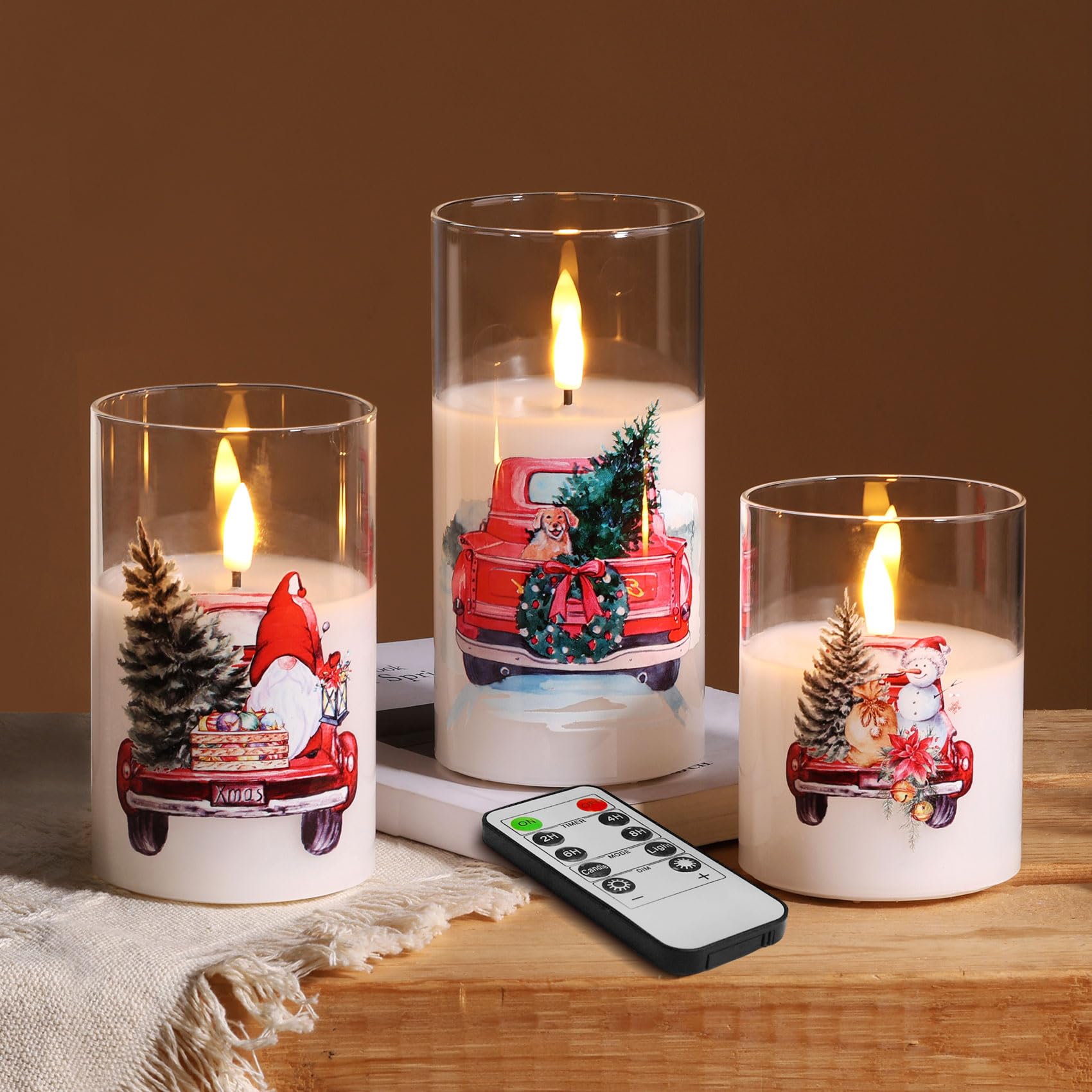 Eywamage Glass Christmas Flameless Candles with Remote, Red Truck Tree Battery Operated LED Pillar Candles Set of 3