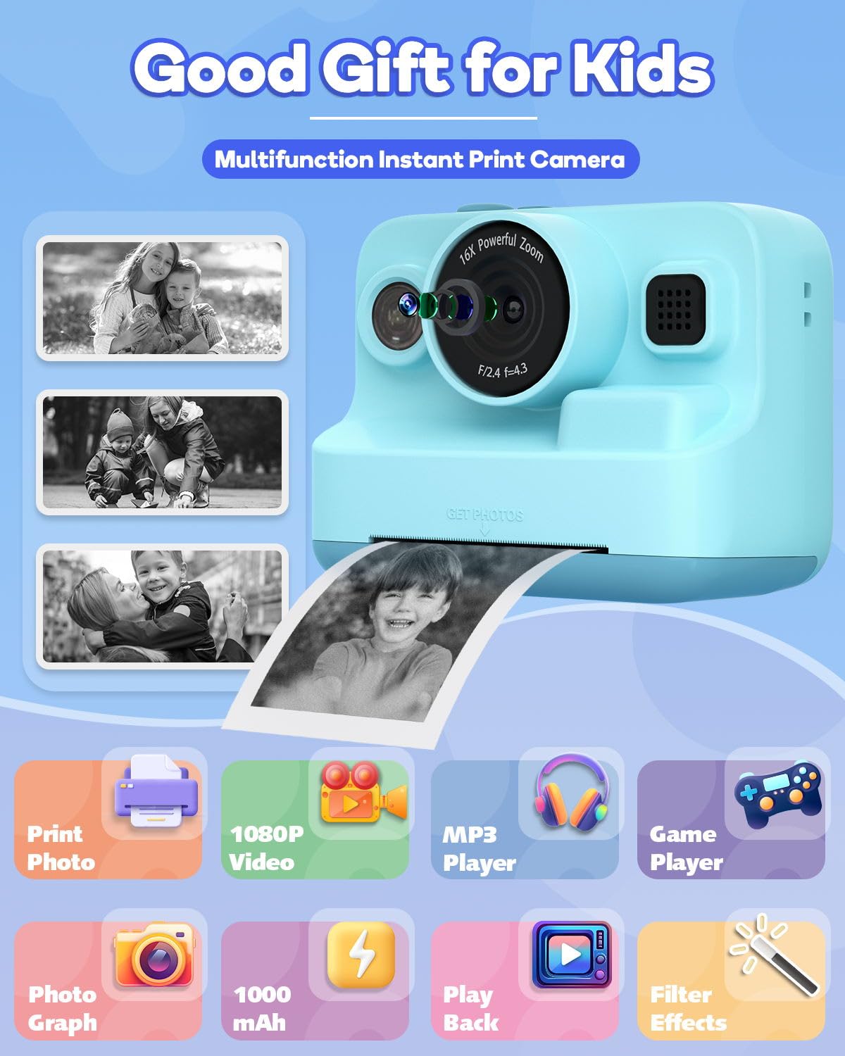 Dylanto Kids Camera Instant Print,1080P Kids Instant Cameras That Print Photos,Christmas Birthday Gifts For Girls Age 3 12,Porta