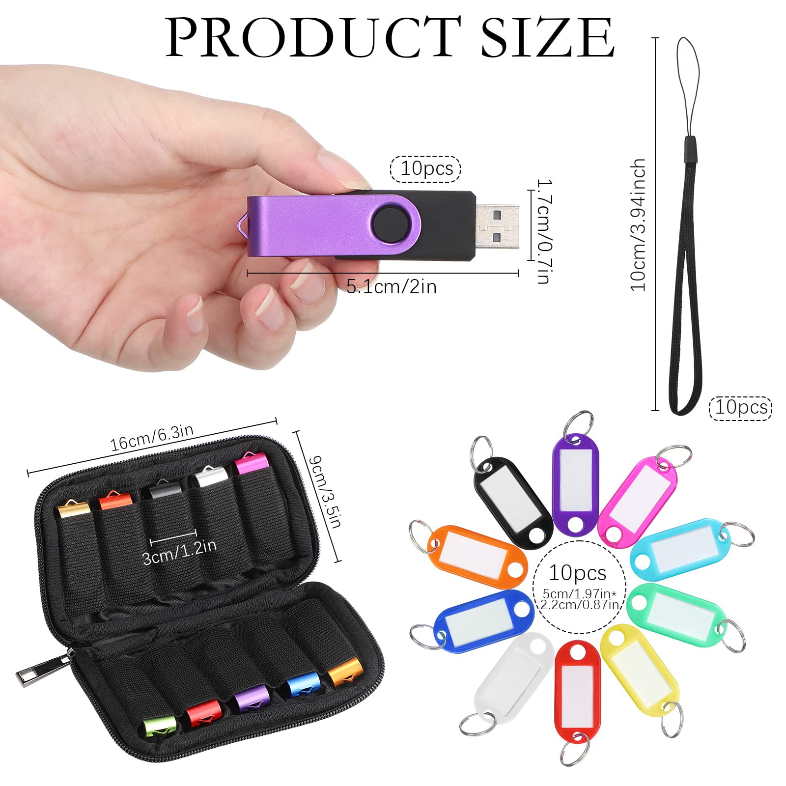 10 Pack Flash Drives Zip Drives With Lanyards, Key Tags And Storage Case Metal Usb 2.0 Thumb Drives Multi Pack Bulk Swivel Memor