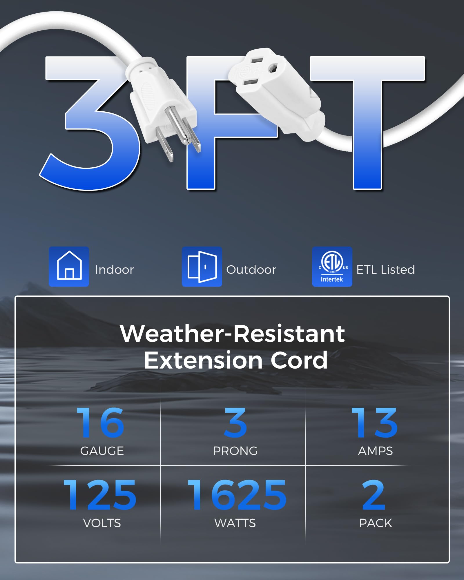 Wilawels 2 Pack Outdoor Extension Cord 3Ft, 16/3 Gauge Sjtw Power Cable For Indoor And Outside Use, 3 Prong Grounded Outlets Plu
